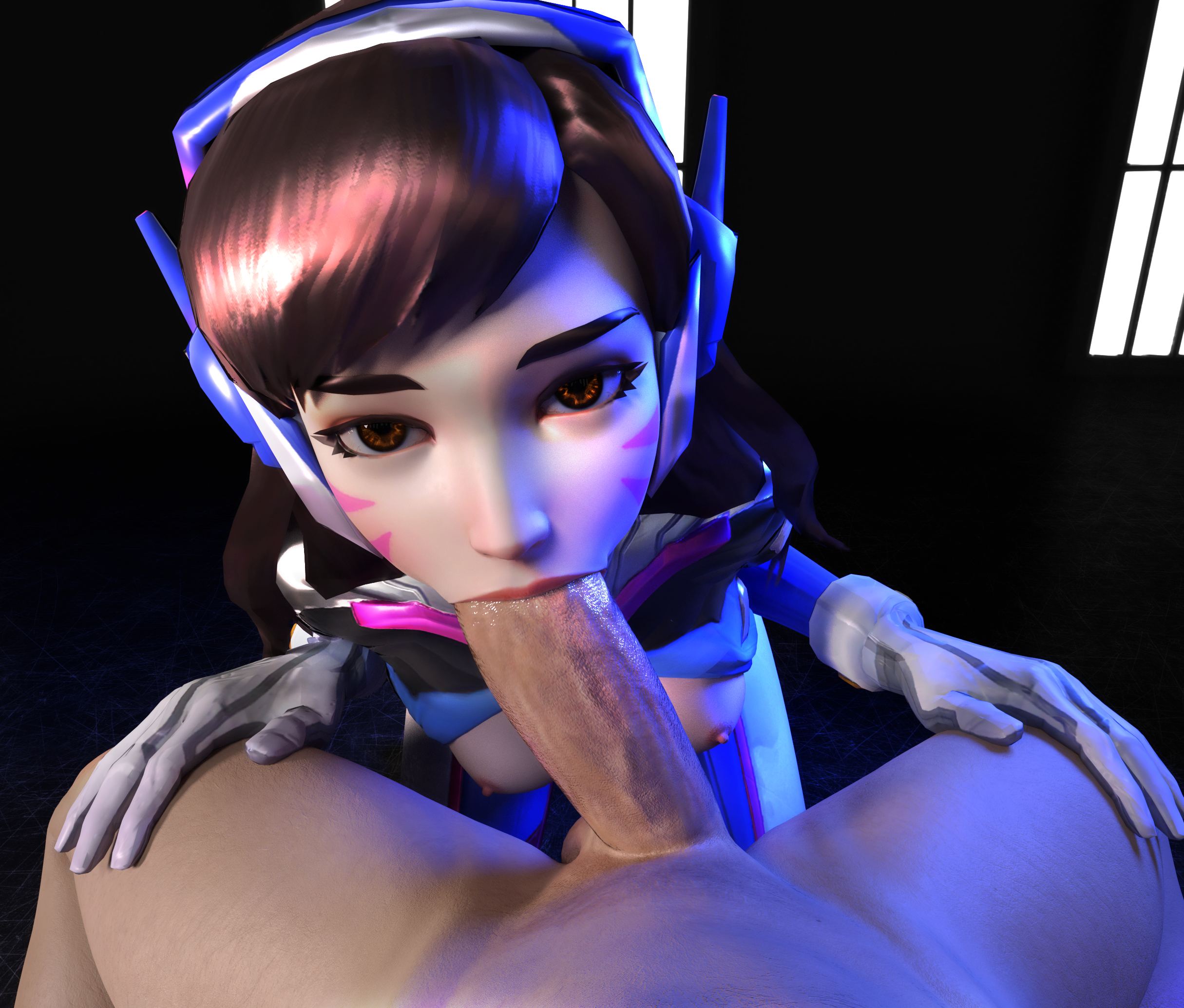 3d, areolae, blender, breasts, d.va, erect nipples, erection, fellatio, female, looking at viewer, male, nipples, oral, overwatch, penis, pewposterous, pov, straight