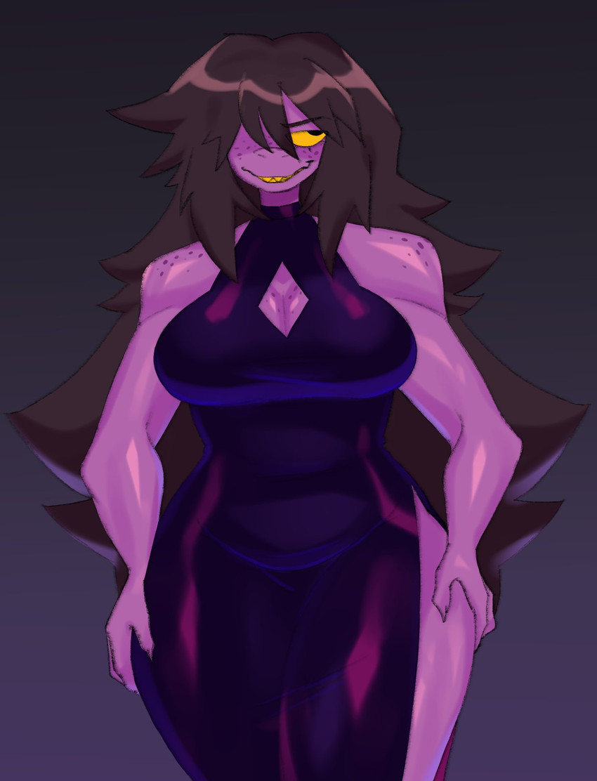2025, anthro, big breasts, breasts, clothing, deltarune, dress, female, freckled breasts, freckled face, freckled shoulders, freckles, hair, hair over eye, hi res, muscular, muscular anthro, muscular female, newsigridzboonx, non-mammal breasts, reptile, scalie, sharp teeth, solo, susie (deltarune), teeth, thick thighs, tight clothing, twitter link, undertale (series), wide hips