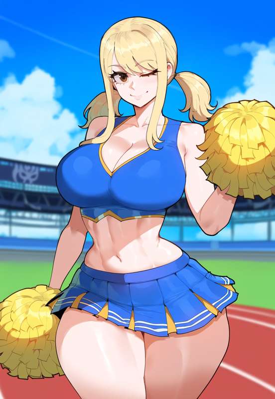 1girls, ai generated, blonde hair, blonde-haired female, blush, breasts, brown eyes, cheerleader, cheerleader outfit, cheerleader uniform, creamy ai, fairy tail, female, hair, light skin, light-skinned female, long hair, lucy heartfilia, short skirt, skirt, solo, solo female, thick, thick thighs, thighs