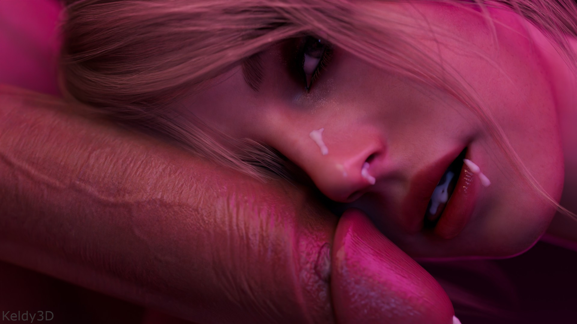 1boy, 1girls, 2025, 3d, ashley graham, ashley graham (ella freya), blonde hair, cum, cum in mouth, cum in nose, cum on lips, cum on nose, duo, eyeshadow, female, head shot, keldy3d, laying down, lipstick, looking at viewer, male, medium hair, penis, penis over one eye, purple light, resident evil, resident evil 4, resident evil 4 remake, straight