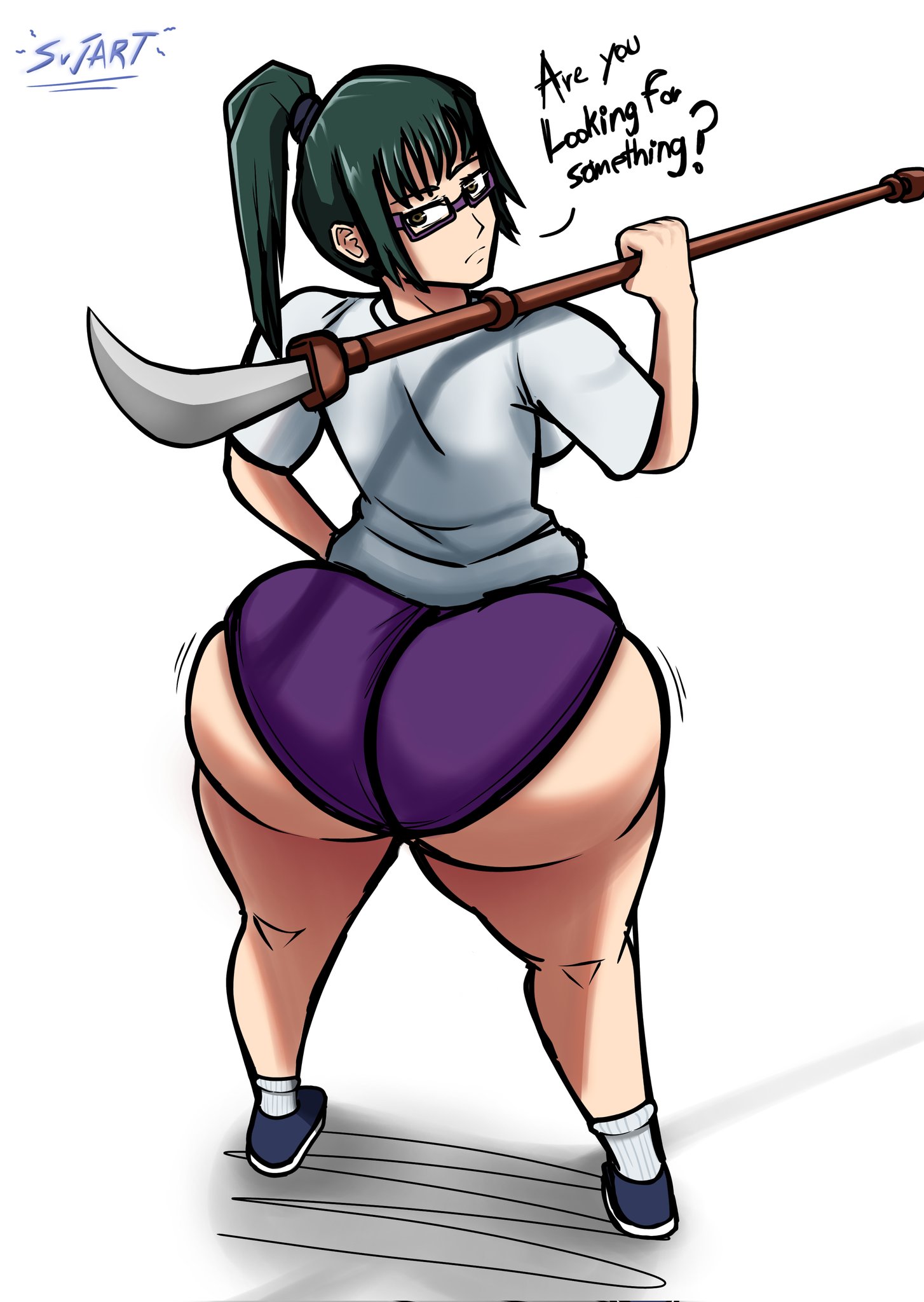 1girls, 2d, ass, ass jiggle, ass shake, back view, big ass, big breasts, big butt, big thighs, breasts, bubble ass, bubble butt, clothed, clothed female, clothing, curious, dialogue, english text, eyewear, female, female focus, female only, glasses, green hair, green-haired female, hi res, hips, holding object, holding weapon, huge ass, jujutsu kaisen, looking at viewer, looking back, motion lines, ponytail, shirt, shorts, solo, srjrgart, standing, text, thick ass, thick butt, thick thighs, thighs, watermark, weapon, white shirt, wide hips, zenin maki
