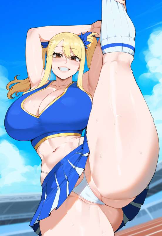 1girls, ai generated, big breasts, blonde hair, breasts, brown eyes, cheerleader, cheerleader outfit, cheerleader uniform, creamy ai, fairy tail, female, hair, light skin, light-skinned female, long hair, lucy heartfilia, panties, short skirt, skirt, smile, solo, solo female, thick, thick thighs, thighs, white panties