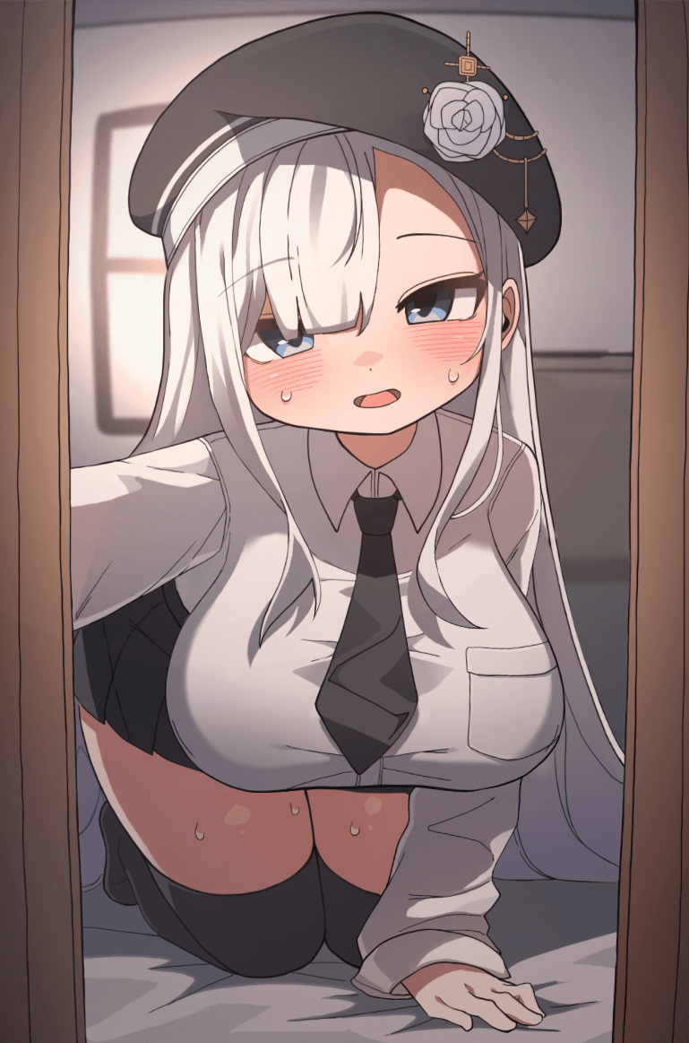 all fours, animated, black hat, black necktie, black skirt, black thighhighs, blinking, blue eyes, blush, bouncing breasts, breasts, collared shirt, commission, female, hat, indoors, large breasts, live2d, long hair, looking at viewer, necktie, open mouth, original, second-party source, shirt, skirt, sleeves past wrists, smile, solo, sweat, thighhighs, w.k, white hair, white shirt
