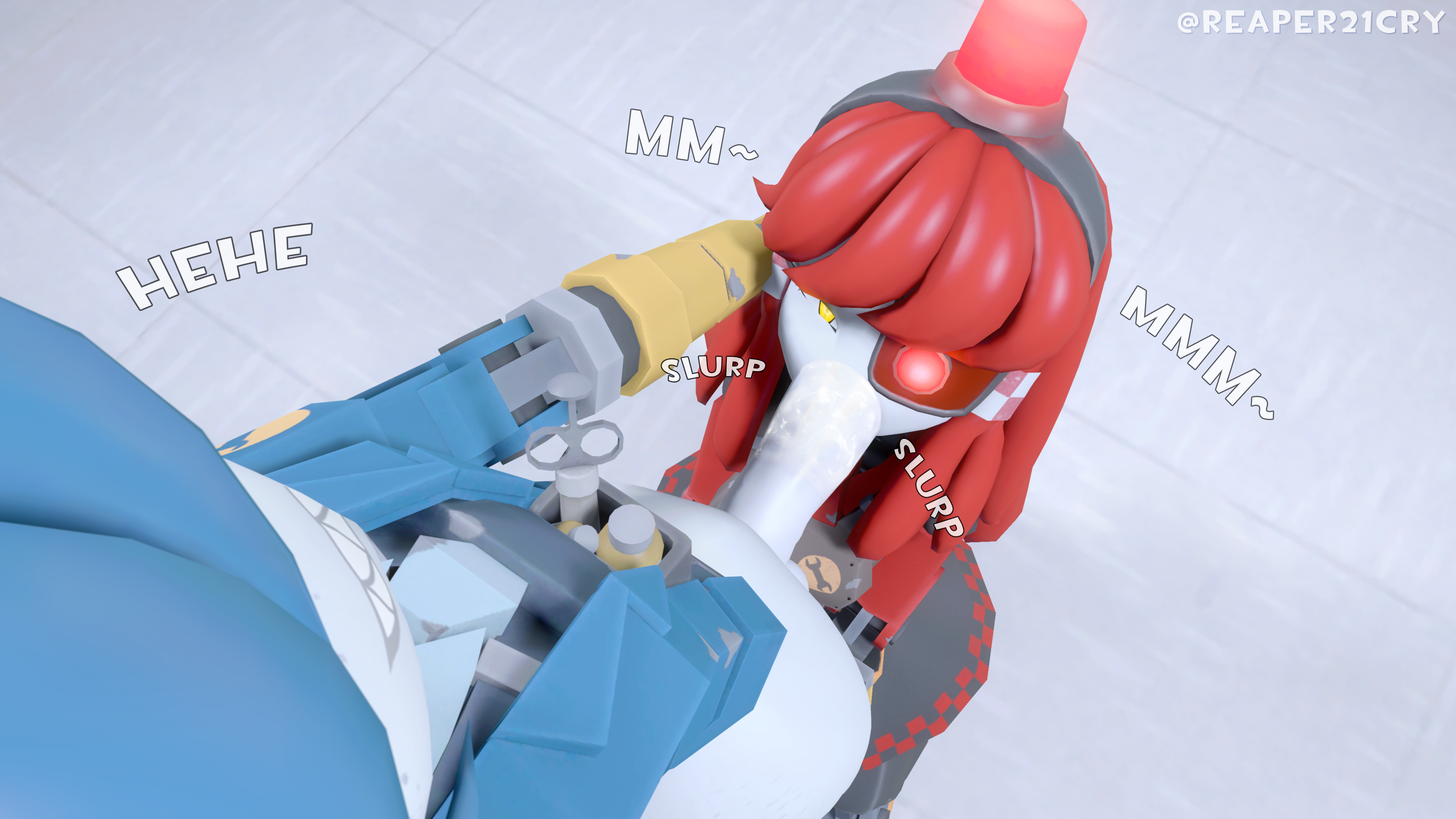 ~, 1boy, 1girls, 3d, 3d (artwork), 4k, big penis, blowjob, blue body, blue hair, bottomless, bottomless male, dell spencer, female, female penetrated, genitals, glowing, glowing eyes, grabbing head, hi res, high resolution, highres, humanoid genitalia, humanoid penis, lamp, long hair, looking at another, looking at partner, looking up, male, male penetrating, male penetrating female, male/female, mimi sentry, on knees, oral, oral penetration, oral sex, penis, reaper21cry, red body, red eye, red hair, robot, robot boy, robot girl, robot humanoid, robotic arm, saliva, saliva on penis, sentry (team fortress 2), sfm, sharp teeth, sitting on floor, sitting on knees, slurp, slurping, smiling, source filmmaker, source filmmaker (artwork), sucking, sucking penis, team fortress 2, thick, thick thighs, viewed from above, white body, white skin, yellow eye