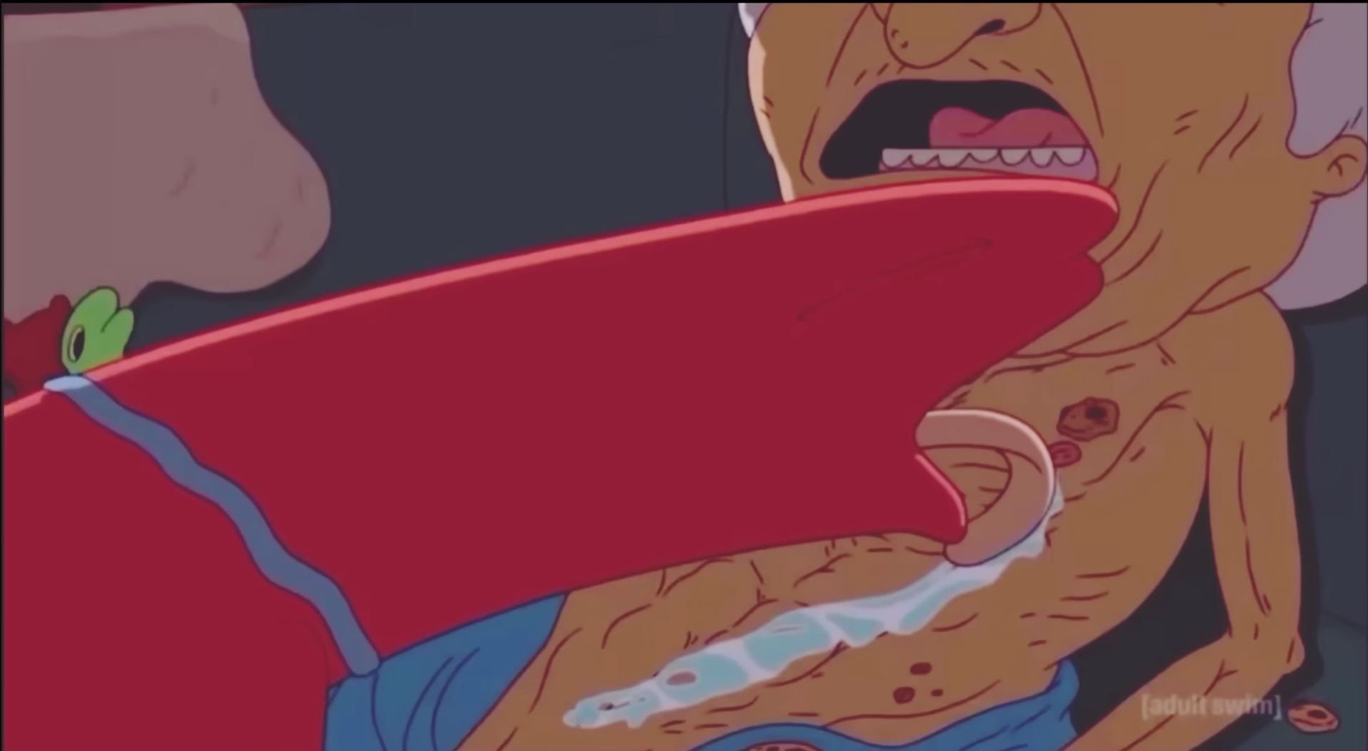 3boys, adult swim, alan (smiling friends), blue necktie, canonical scene, closed eyes, cookie, critter (smiling friends), detached collar, duo focus, food play, gay, gay male, gay sex, glep (smiling friends), green body, human, humanoid, humanoid on human, implied sex, licking, licking body, looking pleasured, male, male/male, mr. boss, nipples, non-human, official art, old male, open mouth, peak fiction, reclining, red body, screenshot, skinny, skinny male, smiling friends, tagme, tongue out, topless, topless male, watching, what, what the fuck, white collar, white hair, wrinkles