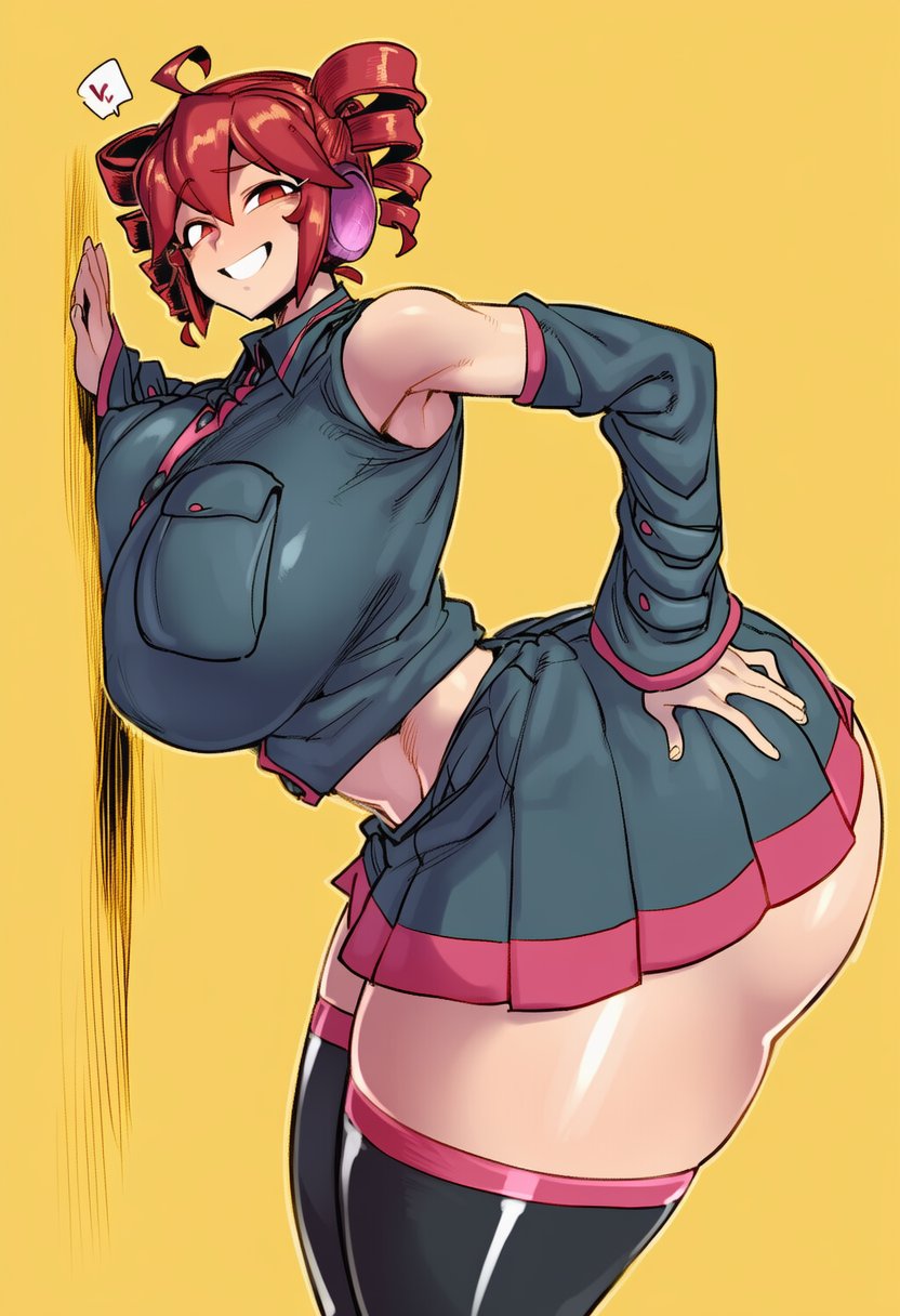 1girls, against surface, against wall, ahoge, ai generated, arched back, artist request, ass, ass bigger than head, ass bigger than torso, ass focus, bending forward, bending over, big ass, big breasts, big thighs, bottom heavy, breasts, breasts bigger than head, breasts press, bubble butt, clothed, clothed female, clothing, crop top, cropped jacket, curvaceous, curvy, curvy female, curvy figure, detached sleeves, enormous ass, enormous thighs, exposed ass, exposed belly, fat ass, fat breasts, fat thighs, female, female only, fully clothed, gigantic ass, gigantic breasts, gigantic thighs, hand on ass, hand on hip, hand on own ass, hand on own hip, headgear, headphones, heart, heart symbol, hourglass figure, huge ass, huge breasts, huge thighs, hyper ass, hyper hourglass, hyper thighs, ineffective skirt, kasane teto, large ass, large breasts, large thighs, latex, latex thighhighs, leaning forward, looking at viewer, massive ass, massive breasts, massive thighs, microskirt, miniskirt, plump, plump ass, plump breasts, plump thighs, posing, red eyes, red hair, shiny clothes, shiny skin, shirt, side view, sideboob, skindentation, skirt, slim waist, smile, solo, solo female, spoken heart, sticking ass out, thick thighs, thighhighs, thighs, thighs bigger than head, thighs bigger than torso, top heavy, twin drills, utau, venus body, voluptuous, voluptuous female, wide hips, yellow background