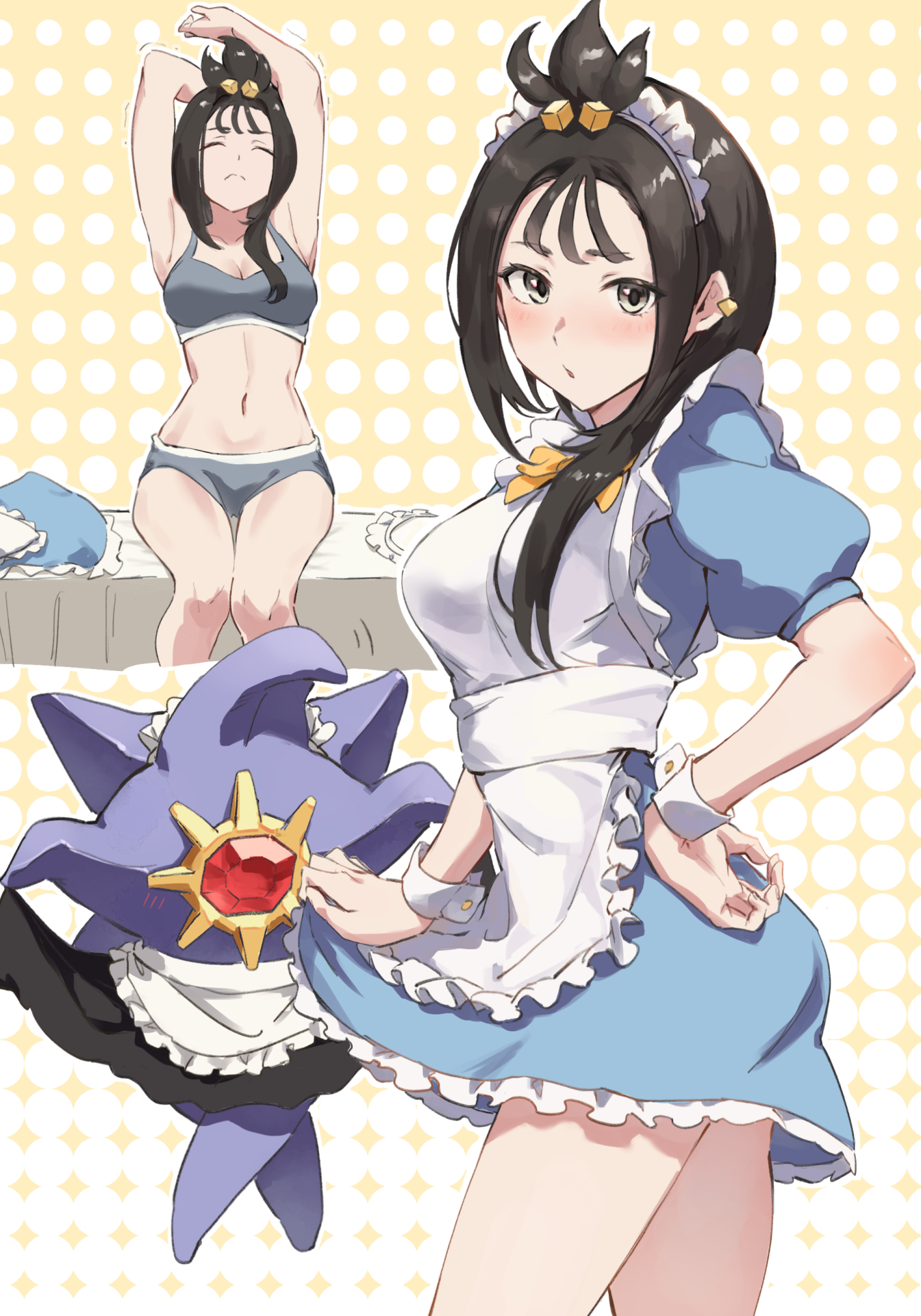 alternate costume, apron, arms up, black hair, blue dress, bra, cube hair ornament, dress, duro (pokemon), enmaided, female, frills, gen 1 pokemon, grey bra, grey eyes, grey panties, hair ornament, highres, jojobirdz, lida (pokemon), maid, maid apron, maid headdress, mega evolution, mega starmie, nintendo, panties, pokemon, pokemon (creature), pokemon legends: z-a, puffy short sleeves, puffy sleeves, short sleeves, sitting, skirt hold, starmie, stretching, thighs, topknot, underwear, wrist cuffs