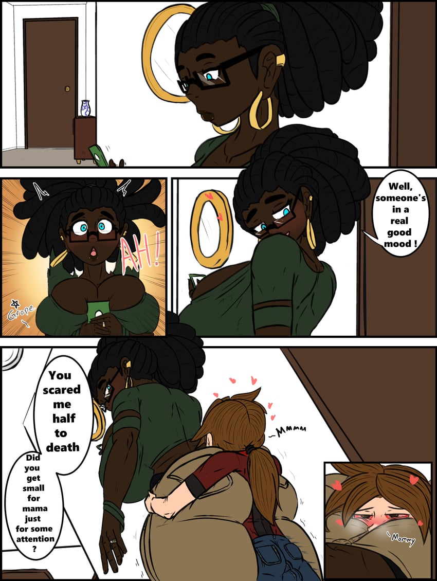 1boy, 1girls, ass, ass focus, ass grab, breasts, comic, dark skin, dark-skinned female, dialogue, english text, female, goku (gokusenpai), gokusenpai, hi res, high on weed, highres, huge ass, huge breasts, humping, humping leg, interracial, large ass, large breasts, larger female, light skin, light-skinned male, male, male/female, original, size difference, smaller male, speech bubble, text, thick lips, wanda (gokusenpai), wedge