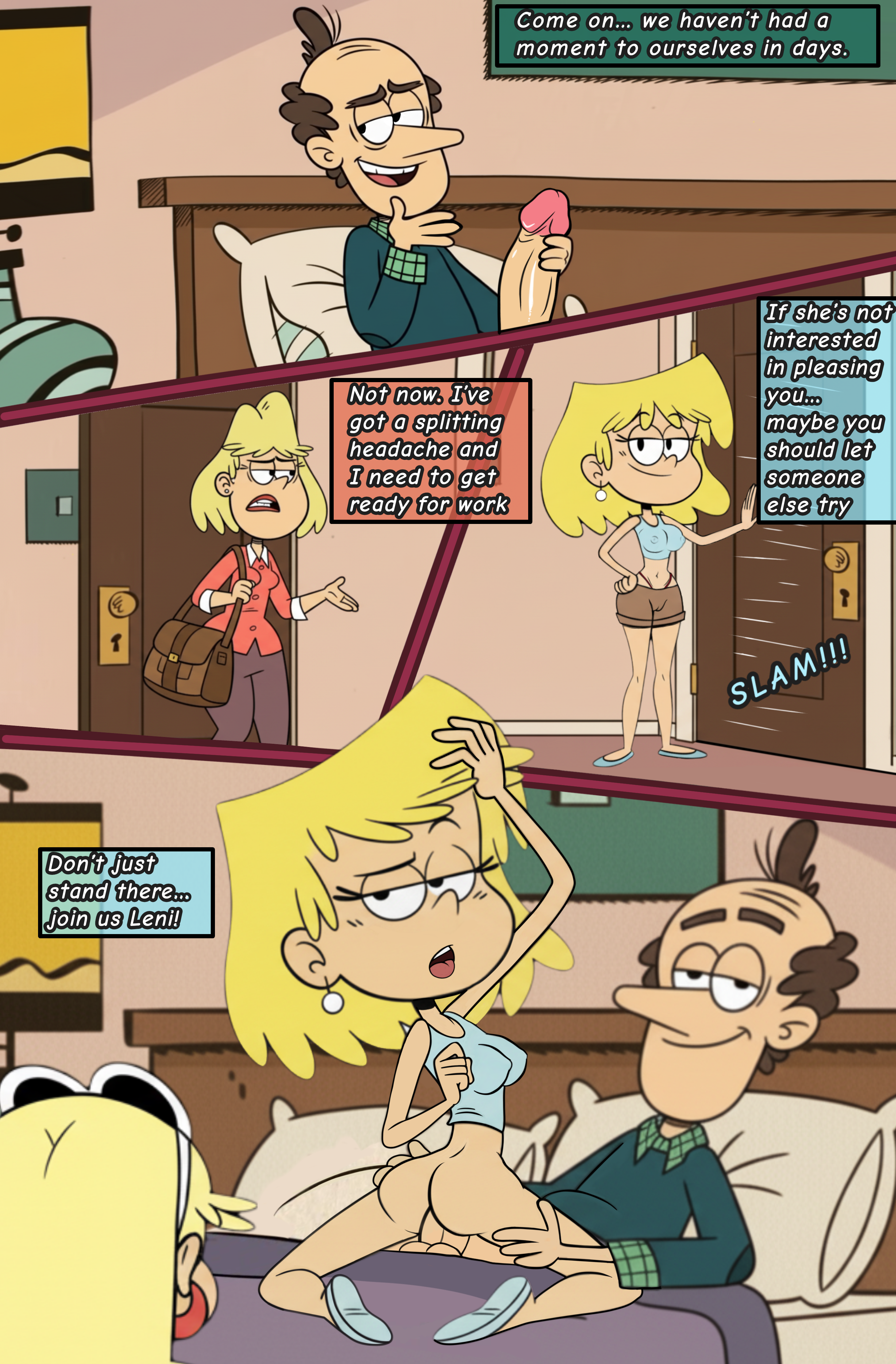1boy, 2d, 3girls, adult and teenager, adultery, age difference, ass, assertive female, bad parenting, bed, bedroom, being watched, big penis, blonde hair, bottomless, bottomless female, caught, caught in the act, cheating, cheating (relationship), cheating girlfriend, cheating husband, cucked by daughter, dialogue, english text, erean63, erect nipples under clothes, erection, father, father and daughter, female, human, human female, human male, human only, husband and wife, imminent threesome, incest, leni loud, light skin, light-skinned female, light-skinned male, looking back, lori loud, lynn loud sr., male, male penetrating, male penetrating female, mature male, mother and daughter, netorare, nickelodeon, nickelodeon animation studio, nicktoons, ntr, offering, offering sex, old male, older male, older male and younger female, older penetrating younger, panels, penis, rita loud, sex, sisters, straight, teenage female, teenage girl, teenager, testicles, the loud house, vaginal penetration, vaginal sex, walked in on, watching, watching sex, young, young female, younger female