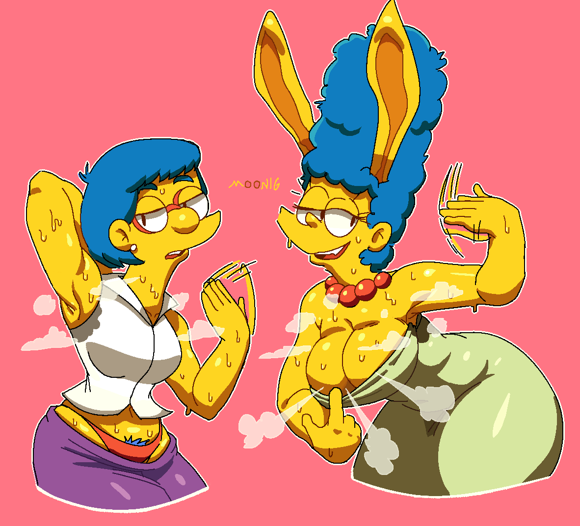 armpit fetish, lilmoonie, luann van houten, marge simpson, panties, pubic hair, pubic hair peek, rabbit ears, sweaty body, tagme, the simpsons