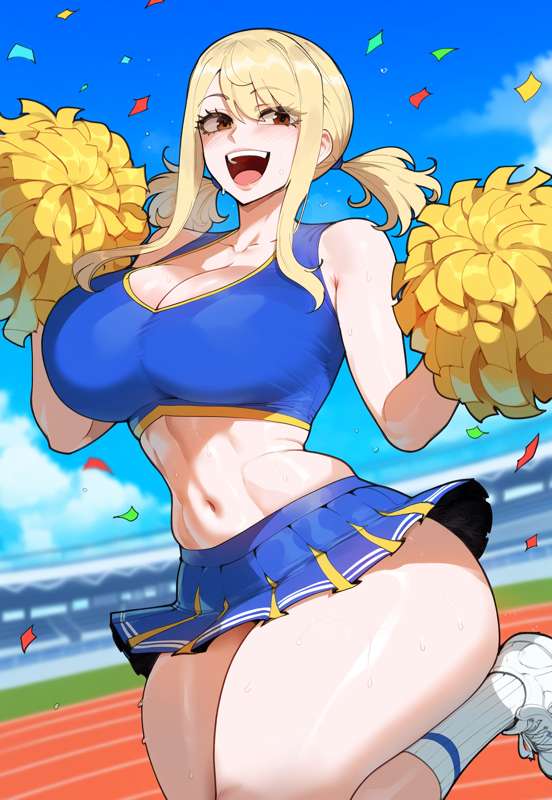 1girls, ai generated, big breasts, blonde hair, blonde-haired female, breasts, brown eyes, cheerleader, cheerleader outfit, cheerleader uniform, creamy ai, fairy tail, female, hair, light skin, light-skinned female, long hair, lucy heartfilia, short skirt, skirt, smile, solo, solo female, thick, thick thighs, thighs
