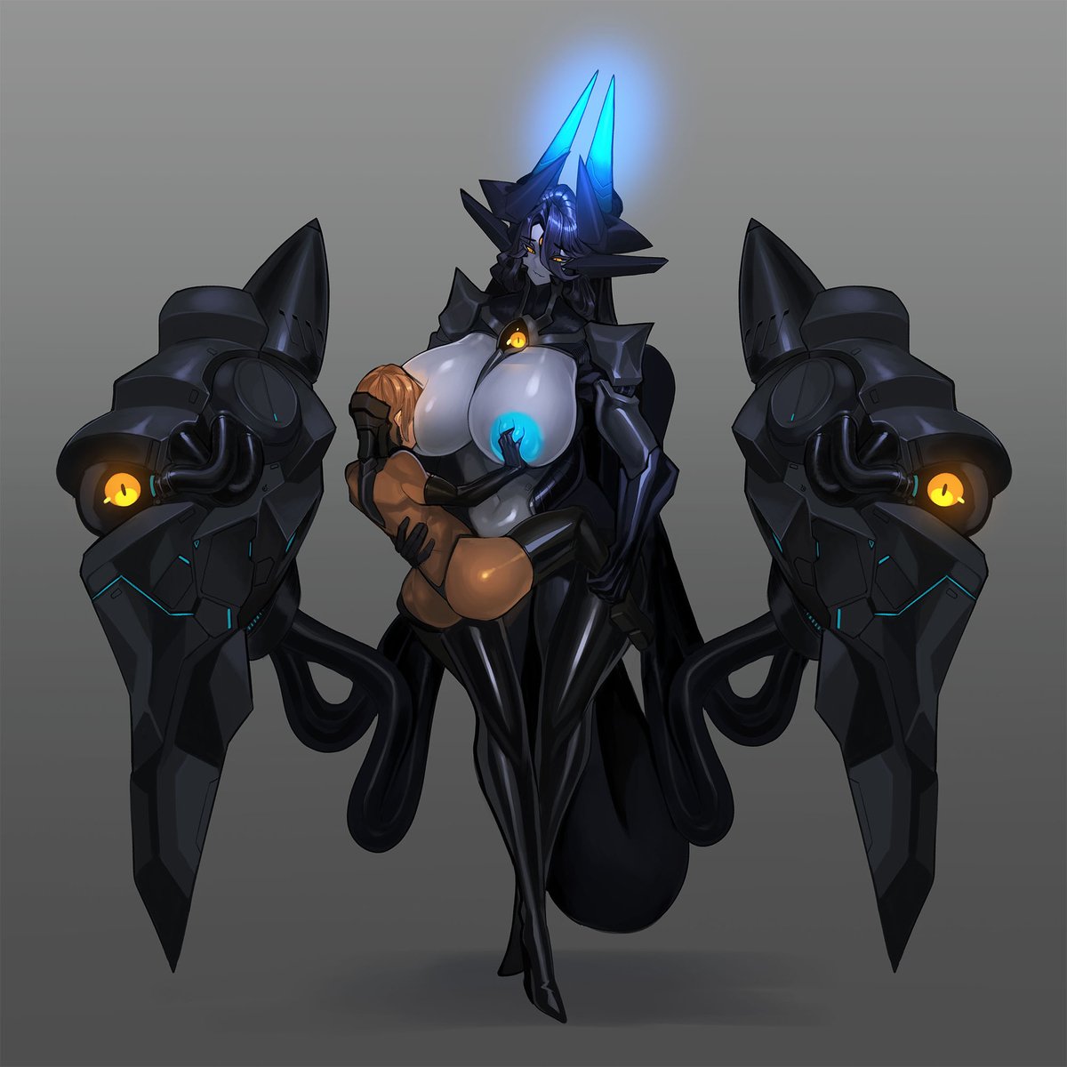 2girls, breastfeeding, female, femdom, gentle femdom, glowing nipples, green skin, horns, incest, machina (omega processor), platinum1945, robot, robot girl, taller female