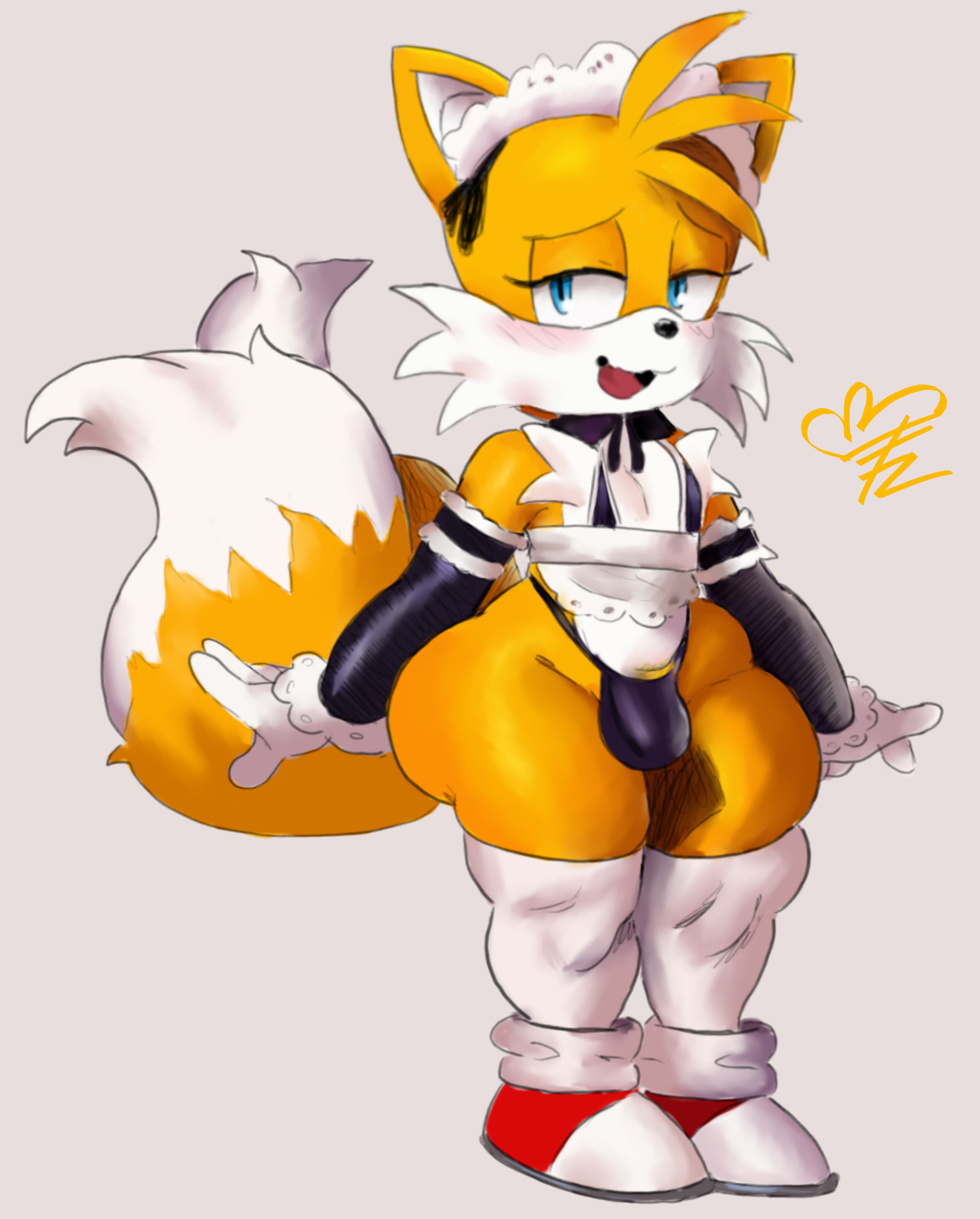 2d, 2d (artwork), 2d artwork, anthro, anthro only, artist signature, blue eyes, bulge, bulge through clothing, color, digital drawing (artwork), digital media (artwork), embarrassed, embarrassed expression, embarrassed male, femboy, femboy only, feminine tails, fox, fox boy, fox ears, fox tail, furry, furry male, furry only, gay, long socks, maid, maid apron, maid headdress, maid outfit, maid uniform, male, male only, red shoes, sega, shoes, simple background, solo, solo focus, solo male, sonic (series), sonic the hedgehog (series), tails, tails the fox, teztaz, thick, thick legs, thick thighs, thighs, white tail tip, yellow fur, yellow hair