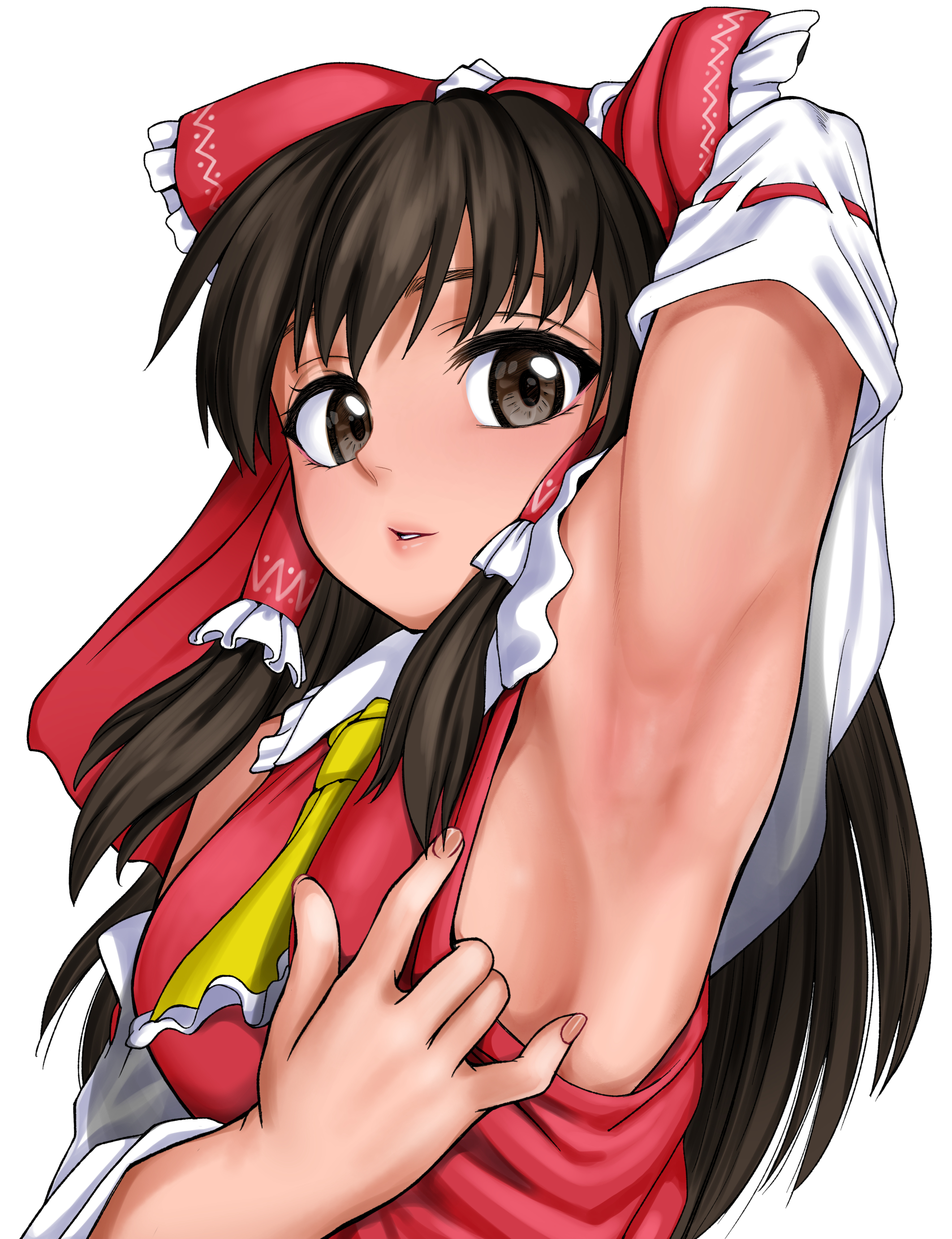 armpit fetish, armpits, black hair, blush, brown eyes, female, looking at viewer, nobuhiro (mochi), one arm up, presenting, presenting armpit, ray-raw, reimu hakurei, sideboob, touhou
