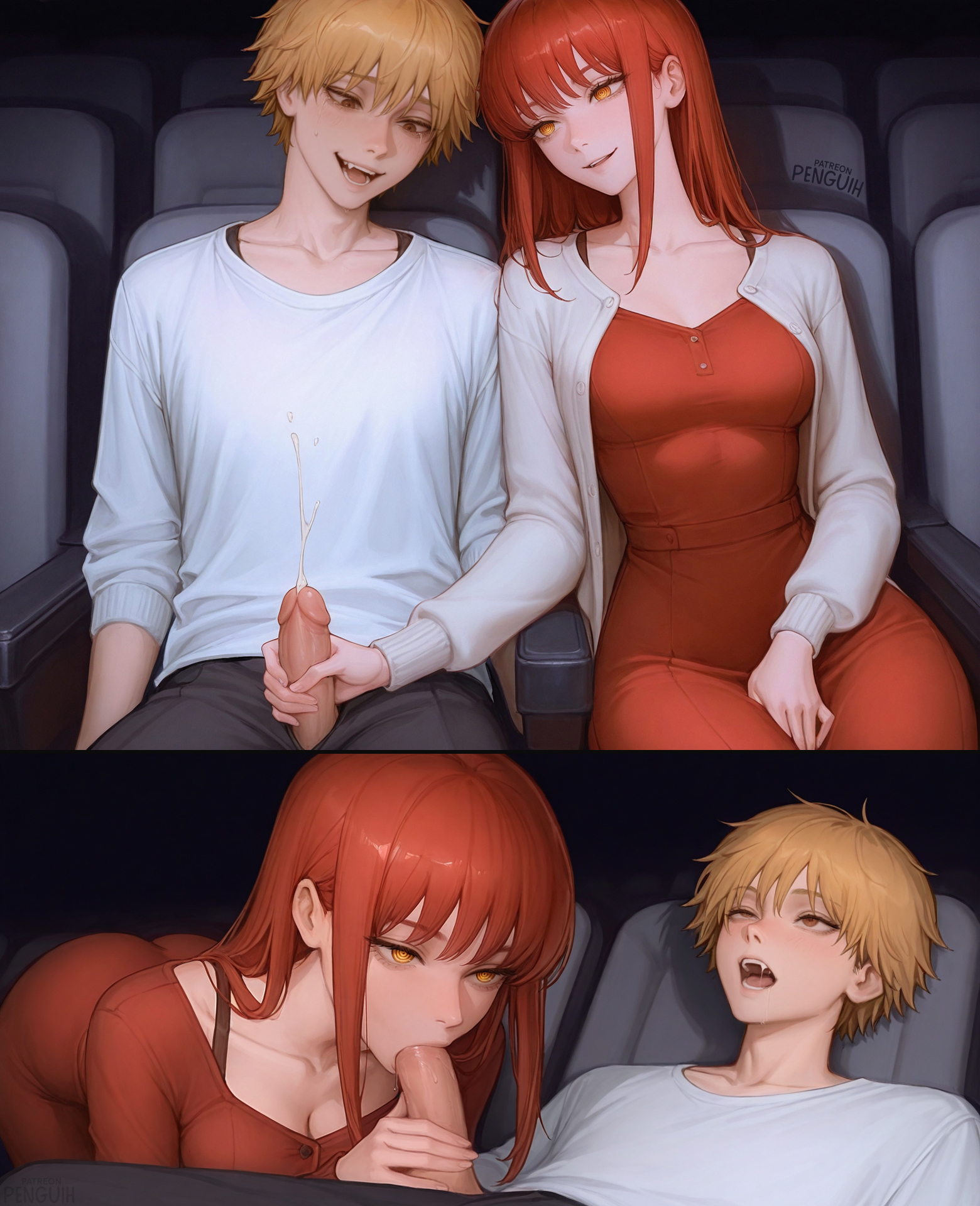 1boy, 1girls, ai generated, blonde hair, blowjob, blush, breasts, chainsaw man, cinema, covering mouth, crying, crying with eyes open, denji (chainsaw man), denmaki, dress, ejaculation, fellatio, female, hair down, handjob, heart, highres, jerkingoff another, light skin, light-skinned female, light-skinned male, makima (chainsaw man), male, medium breasts, movie theater, multiple views, penguih, penis, public, public sex, red dress, red hair, ringed eyes, sitting, stealth fellatio, stealth sex, straight, sucking penis, sweatdrop, tears, theater, yellow eyes