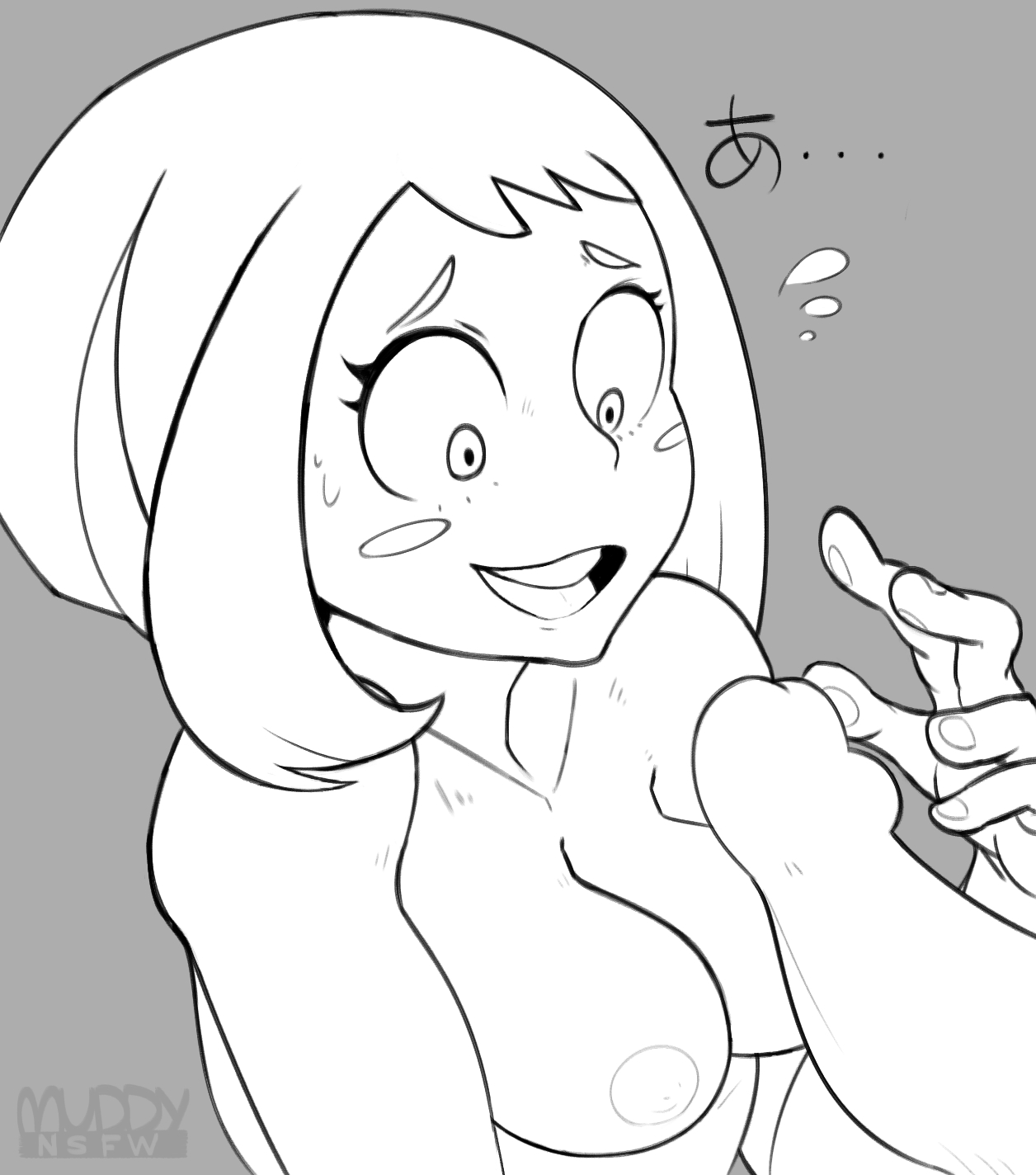 areolae, big penis, black and white, blush, blush stickers, breasts, cleavage, dasple, duo, eyelashes, faceless male, female, grey background, large breasts, line art, male, my hero academia, nipples, nude, ochako uraraka, open mouth, penis, smile, solo focus, straight, surprised, tagme, wide eyed