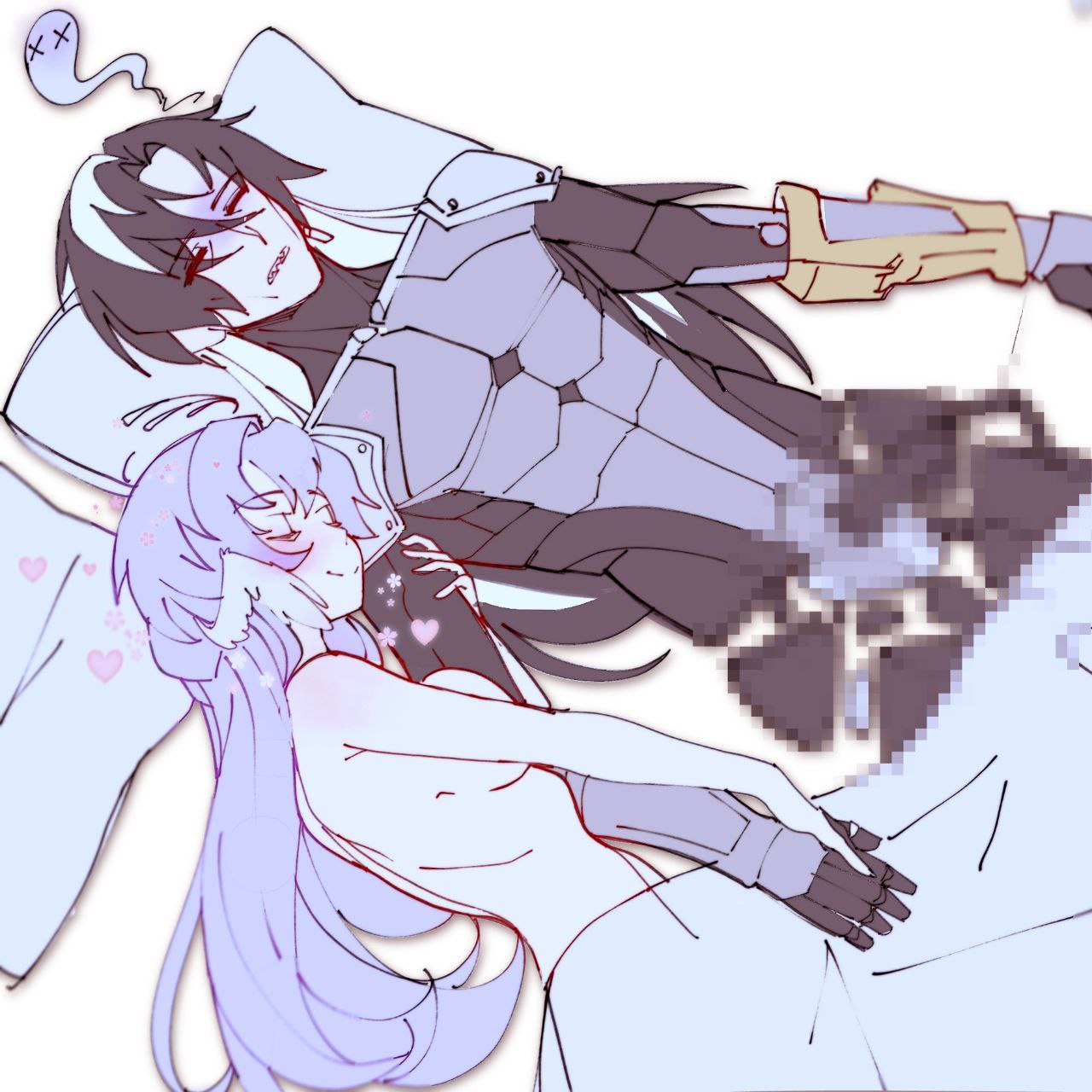 1boy, 1girls, after sex, boothill (honkai: star rail), broken pelvis, censored, cyborg, female, happy female, honkai: star rail, male, mosaic censoring, naked, robin (honkai: star rail), robot boy, straight