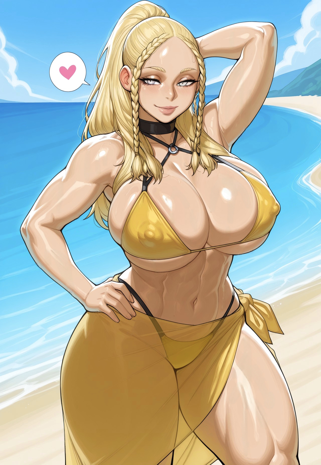 1girls, ai generated, beach, bikini, blonde hair, blush, breasts, claymore, covered nipples, curvy body, female, forehead, hand behind head, hand on hip, huge breasts, hysteria (claymore), large breasts, legs apart, lips, long hair, multiple braids, ponytail, remington34, sarong, silver eyes, smile, spoken heart, thicc thighs, wide hips, yellow bikini