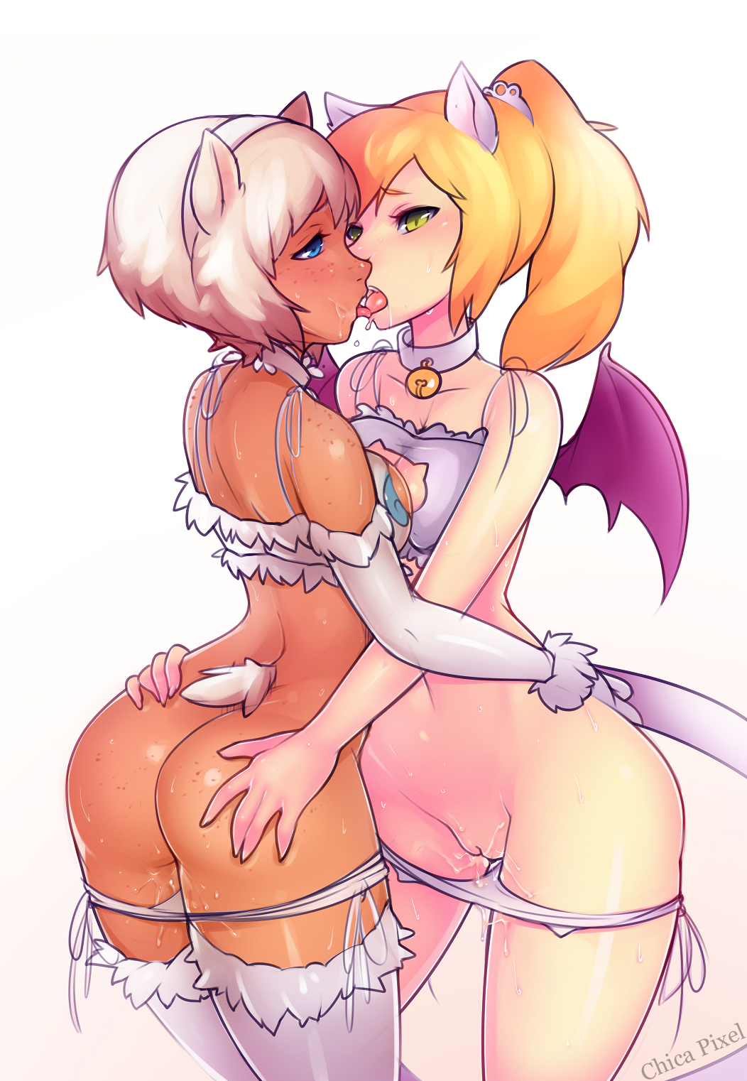 animal ears, animal humanoid, animal tail, bunny and fox world, cat ears, cat girl, chicapixel, duo, female, girls kissing, kissing, panties down, pussy, sapphic neko, sheep, sheep girl, shephira, simple background, wings, yuri