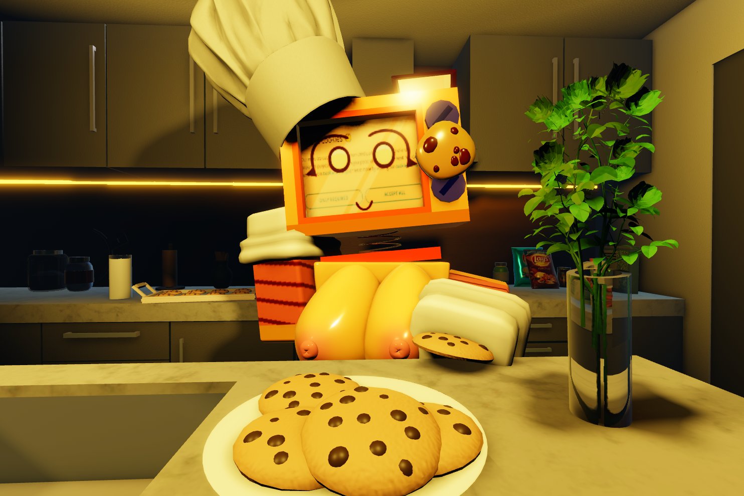 1girls, 3d, areolae, breasts, breasts out, cookie, cookieware (die of death), die of death (roblox), female, giving, kitchen, nipples, plate of cookies, roblox, roblox game, robot, robot girl, screen face, sillylewdys, smile, smiling, smiling at viewer, tagme