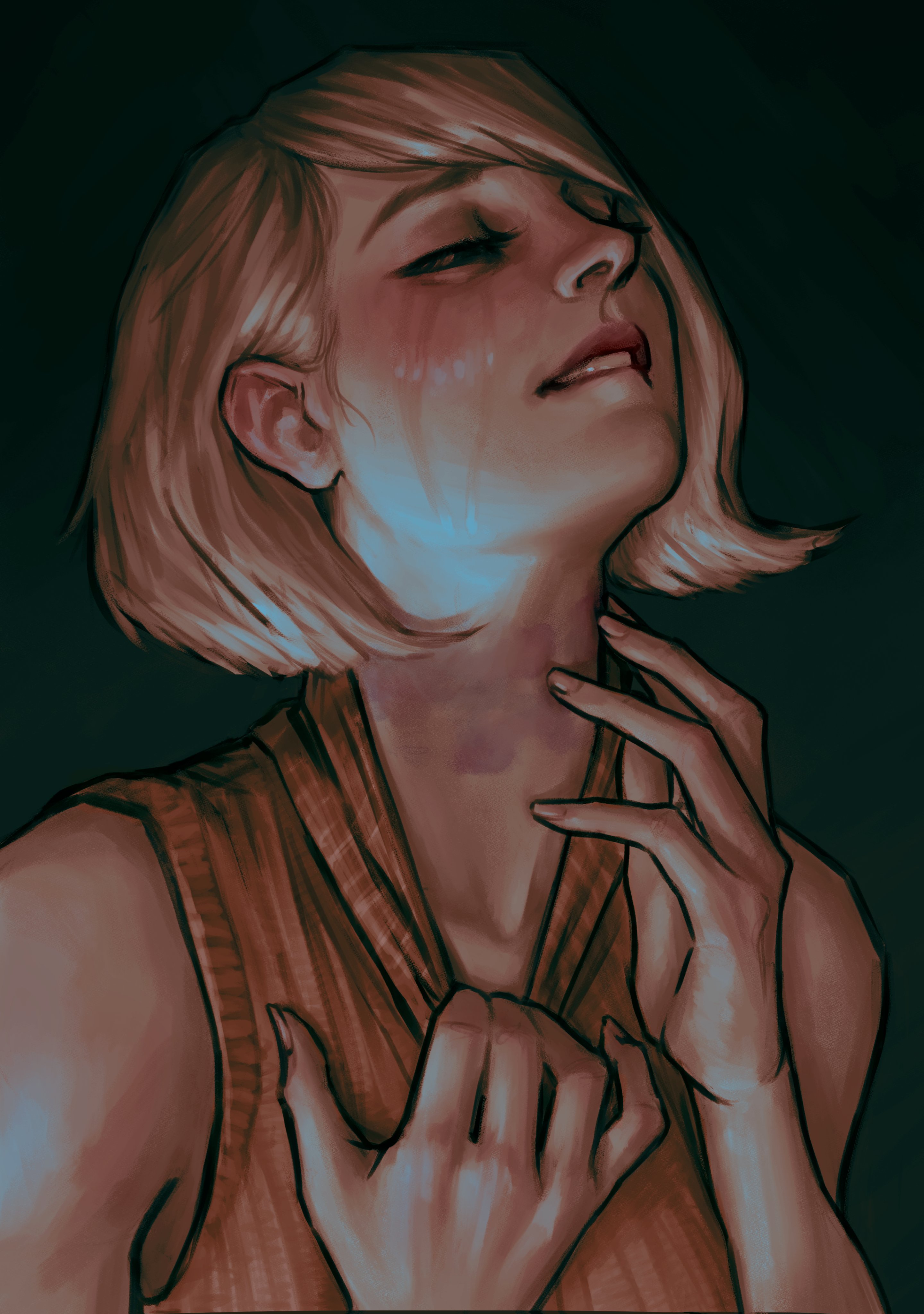 1girls, 2d, ashley graham, ashley graham (ella freya), blonde hair, bruise, bruise on neck, bruised, bruised neck, choking kink, crying, crying with eyes open, female, horny, horny female, human, kink, kinky, needy, noctyssa, resident evil, resident evil 4, solo, straight hair, sweater, upper body