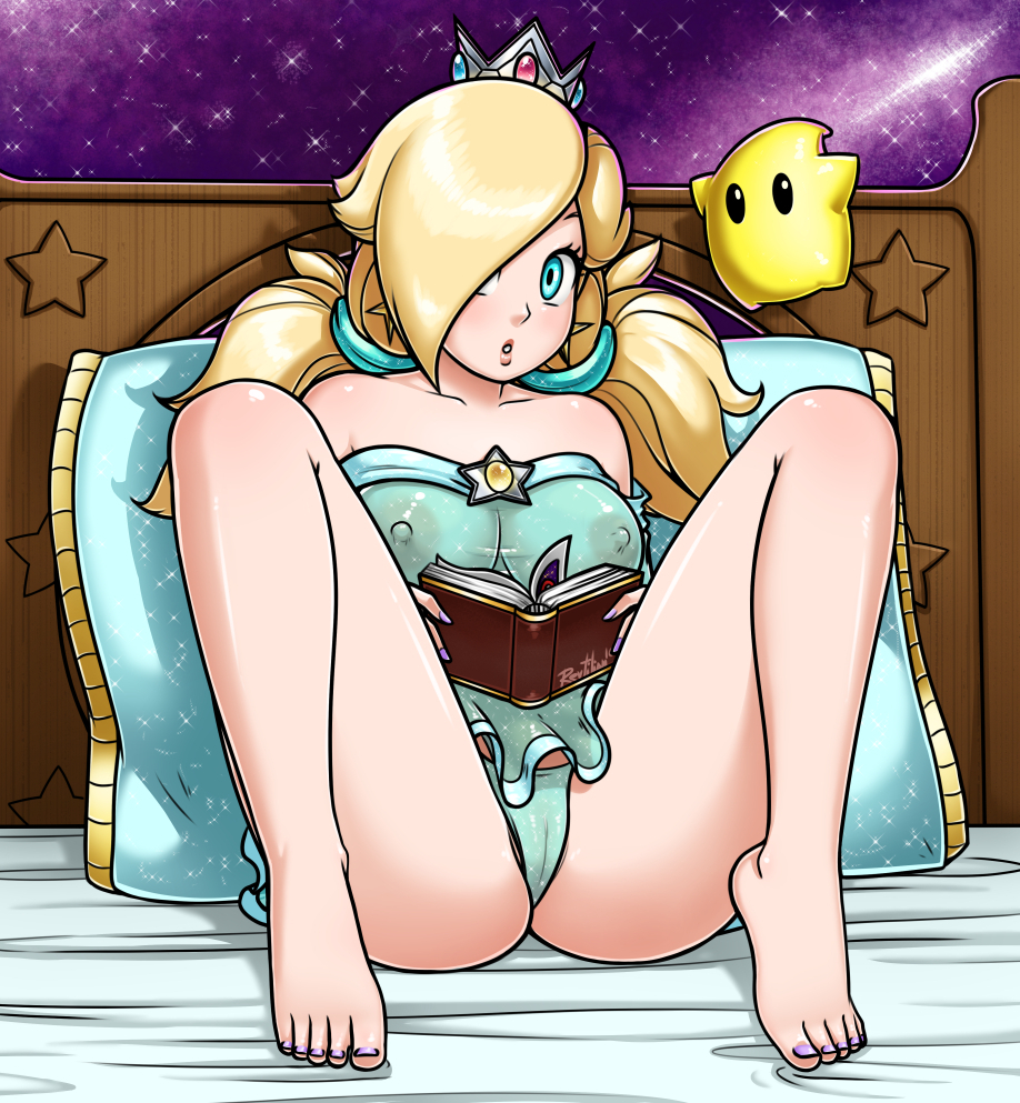 :o, 1girls, 2d, alternate hairstyle, aqua eyes, artist name, babydoll, bare shoulders, barefoot, bed, bed sheet, blonde hair, book, breasts, cameltoe, collarbone, crown, earrings, feet, female, fingernails, hair over one eye, holding, holding book, jewelry, knees up, lips, long hair, looking at viewer, luma, mario (series), medium breasts, nail polish, nintendo, nipples, no bra, panties, partially visible vulva, pillow, princess rosalina, pussy, revtilian, see-through, sitting, sky, solo, spread legs, star, star (sky), starry sky, strapless, super mario galaxy, tied hair, toenail polish, toenails, toes, twintails, underwear