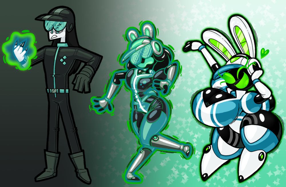 anthro, black body, bunny ears, female, frost-lock, green eyes, identity death, mob face, project turboblast, robot, robotization, shortstack, tagme, tempo (project turboblast), transformation
