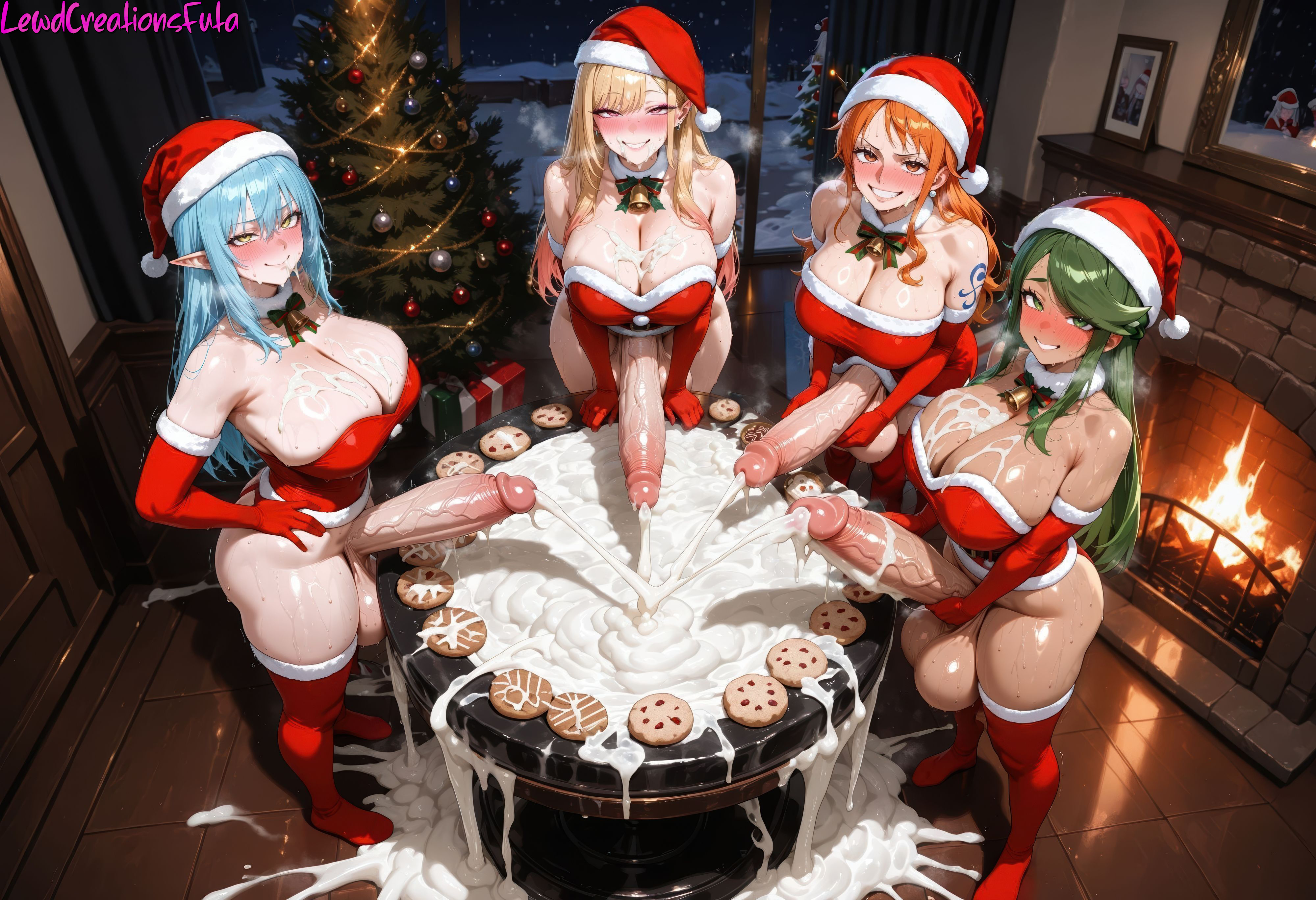 4futas, absurd res, ai generated, blue hair, breasts, christmas, cookies, cum, cum on cookie, cum on food, cum on table, curvy, curvy figure, dickgirl, dickgirl/dickgirl, excessive cum, from above, full body, fully clothed, futa only, futa with futa, futadom, futanari, futanari masturbation, half closed eyes, high resolution, highres, huge balls, huge breasts, huge cock, kitagawa marin, lewdcreationsfuta, looking at viewer, mallow (pokemon), masturbation, mature, mature woman, multiple futa, nami (one piece), one piece, penis, penis out, pokemon, precum, precum drip, precum on penis, precum string, rimuru tempest, sexually suggestive, smug, sono bisque doll wa koi wo suru, stroking, stroking cock, stroking penis, tagme, tensei shitara slime datta ken, that time i got reincarnated as a slime, thick, thick legs, thick thighs, thighs, veiny, veiny penis, yellow eyes