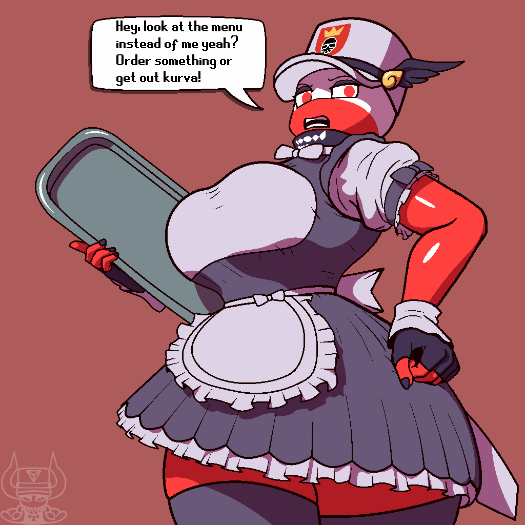 2bitart annoyed big_breasts countryhumans countryhumans_girl ech0chamber looking_at_viewer maid maid_uniform military_hat poland_(countryhumans) symbol thick_breasts thick_thighs thighhighs