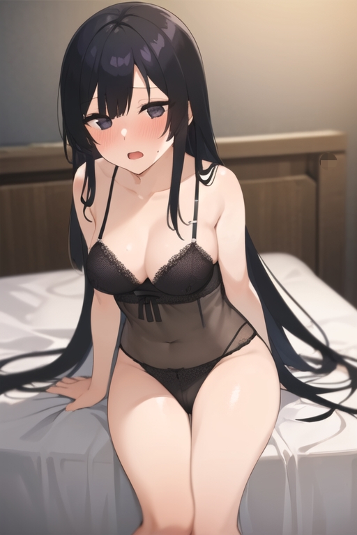 1female 1girls ai_generated akuyaku_reijou_level_99 bangs bed bedroom black_hair blush breasts commentary_request english_commentary female female_only high_resolution highres light-skinned_female light_skin lingerie long_hair looking_at_viewer medium_breasts normal_breasts panties sitting sitting_on_bed solo solo_female tagme yumiella_dolkness