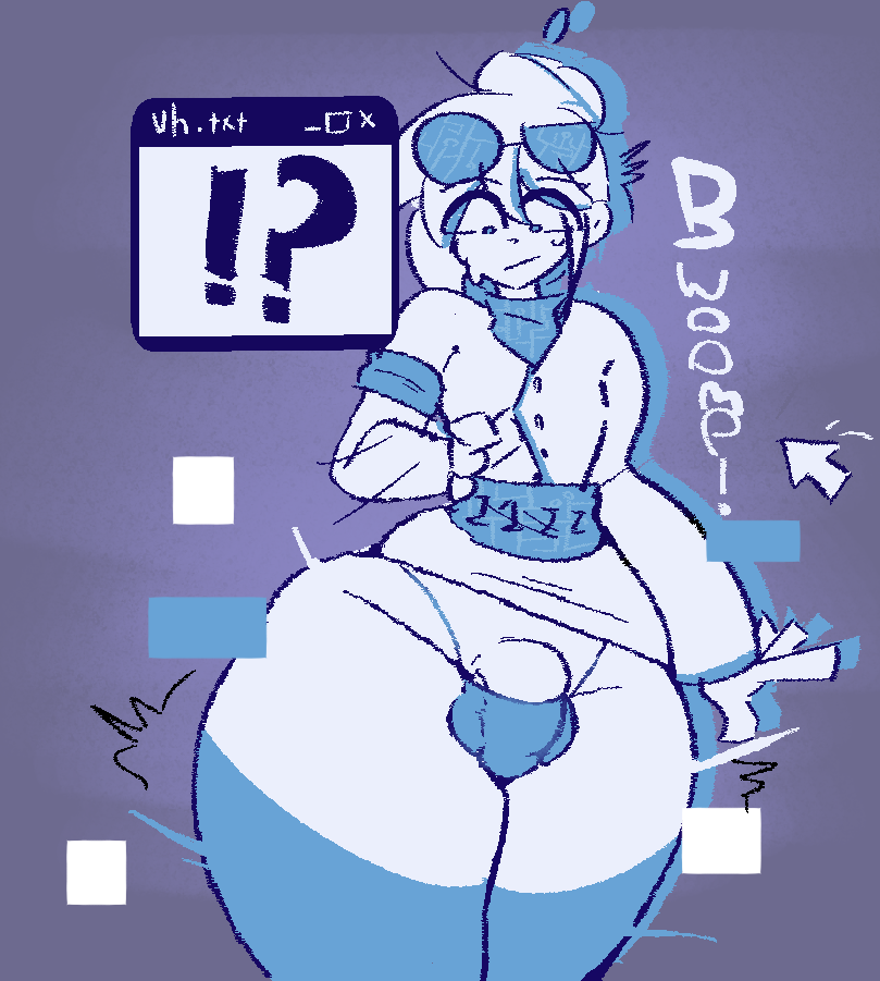 1boy ass_expansion balls bottom_heavy bulge digital femboy flaccid glasses glasses_on_head hip_expansion labcoat male male_only original panties penis png poodleskapoodle solo surprised text text_box thick_thighs thigh_expansion vivi_virus white_body white_hair wide_hips