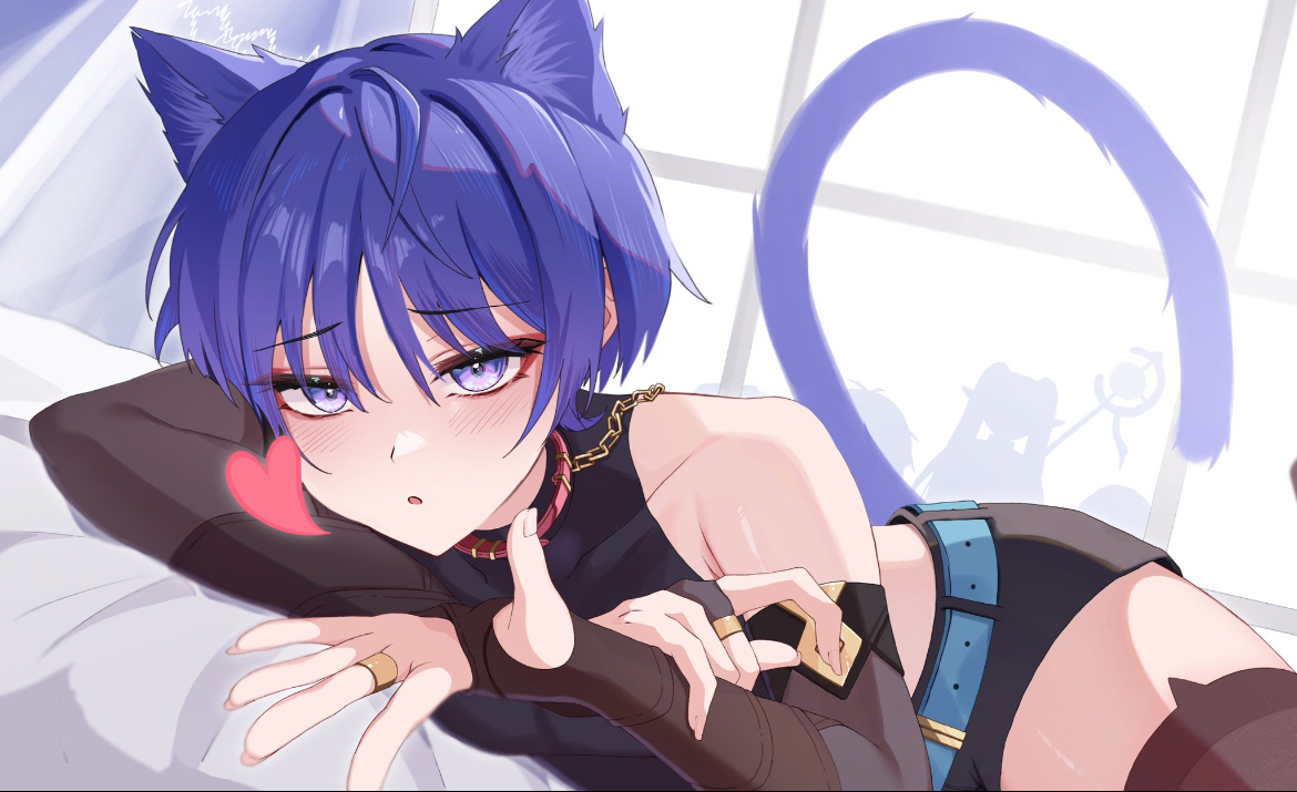 1boy, blush, cat boy, cat ears, cat tail, catboy, collar, femboy, genshin impact, girly, male, male only, purple eyes, purple hair, scaramouche (genshin impact), tagme