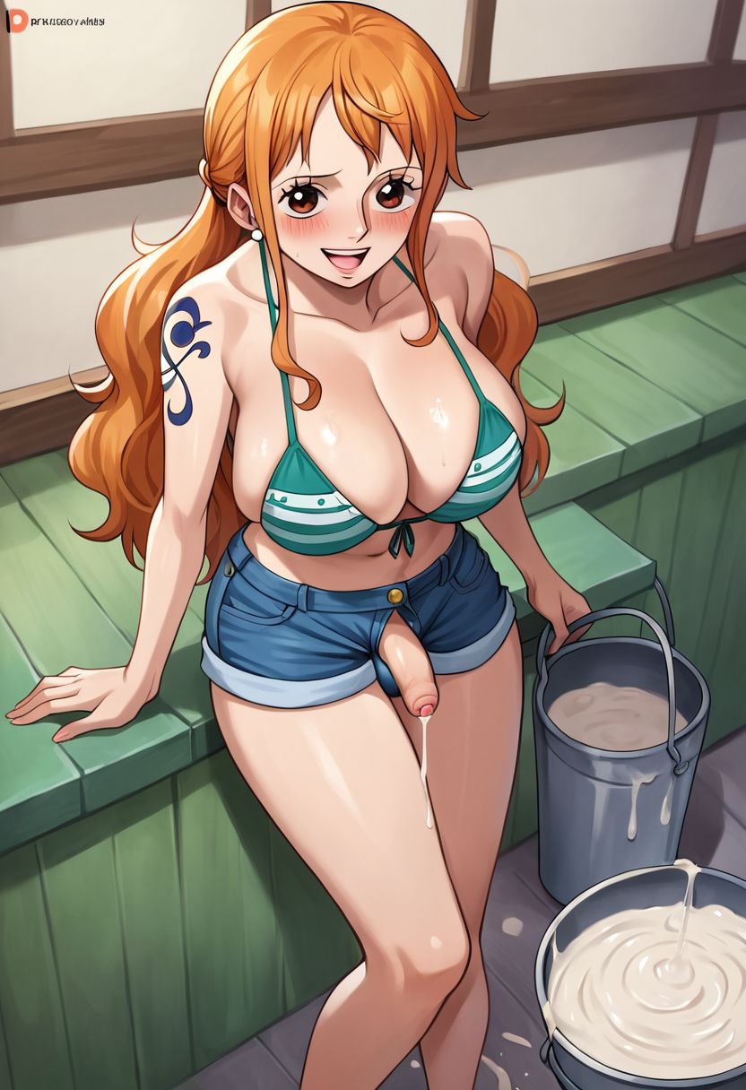 1futa ai_generated artist_request bikini bucket cum_drip cum_in_container feet_up flaccid_penis foot_focus futa_only futanari futanari_only large_breasts legs_up long_hair looking_at_viewer nami nude one_piece orange_hair post-timeskip presenting shoulder_tattoo small_penis smile solo tagme uncensored_penis