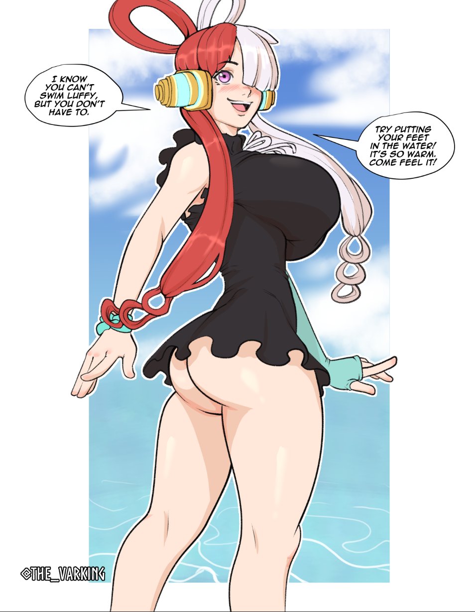 1girls, ass, bare arms, bare legs, bare shoulders, bare thighs, big ass, big breasts, big butt, blush, breasts, clothed, clothing, color, english text, female, female focus, female only, hair over one eye, hi res, large breasts, light skin, light-skinned female, long hair, looking at viewer, multicolored hair, one piece, pink eyes, red hair, red-haired female, shounen jump, solo, solo female, tagme, text, text bubble, the varking, thick thighs, two-tone hair, uta (one piece), white hair, white-haired female