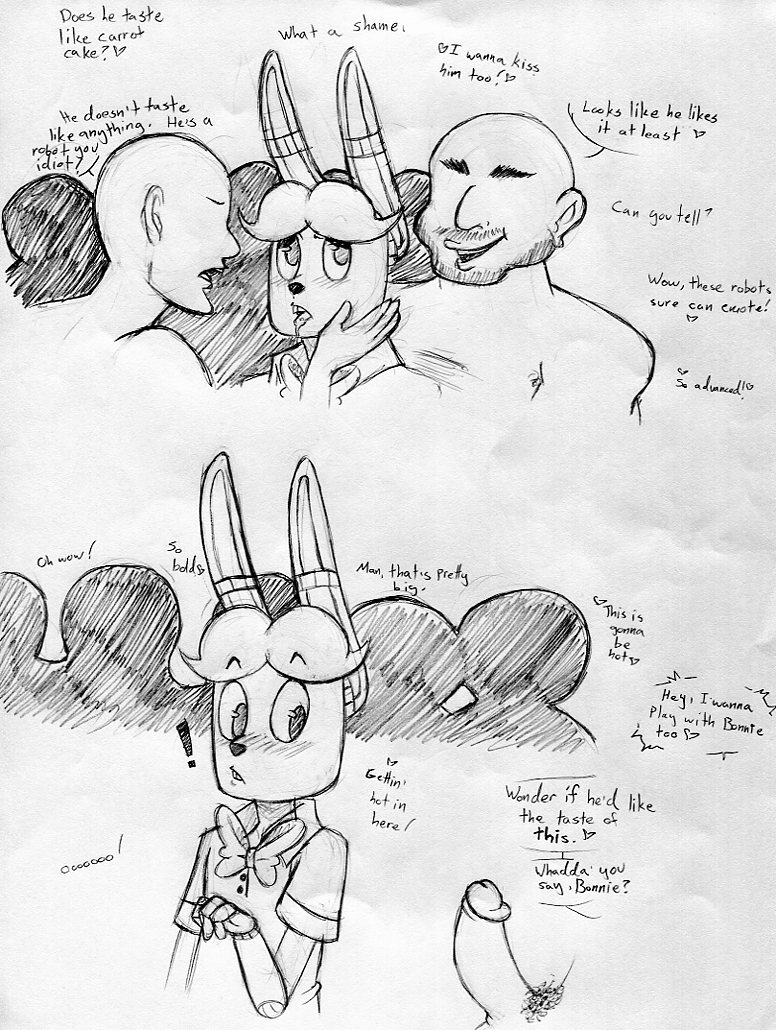 2015 animatronic anthro black_and_white blush bow_tie buckteeth dialogue disembodied_penis drooling english_text erection faceless_male five_nights_at_freddy's five_nights_at_freddy's_2 furry group human inkyfrog lagomorph machine male mammal monochrome penis rabbit robot saliva simple_background solo_focus teeth text toy_bonnie_(fnaf) traditional_media_(artwork) white_background yaoi