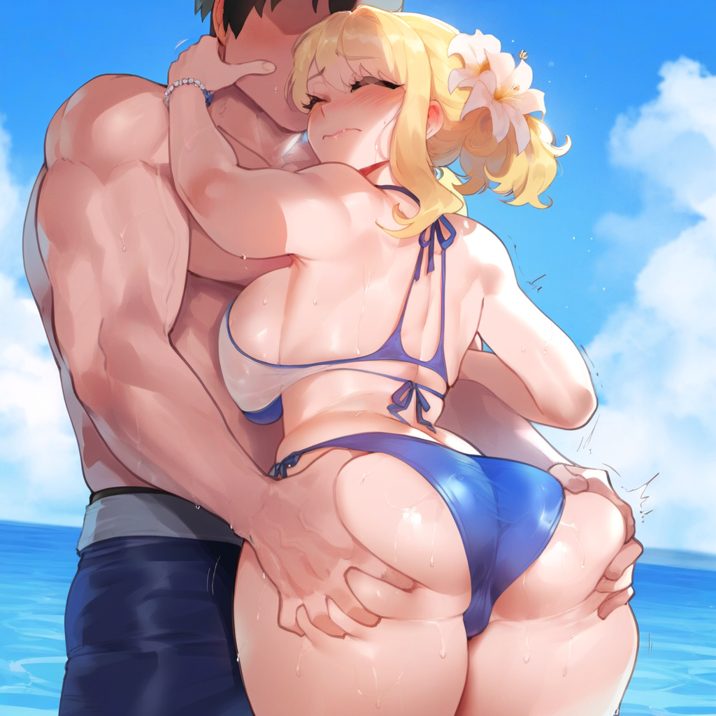 ai_generated artstyle_imitation ass_grab blush blush embarrassed fairy_tail hourglass_figure huge_breasts ldoe_art light-skinned_female light-skinned_male lucy_heartfilia muscular_male shy thiccwithaq_(ai_style) thick_thighs wide_hips