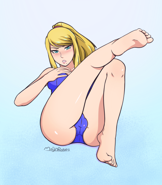 1futa, blonde hair, blue eyes, blush, blushing, breasts, bulge, feet, futa only, futanari, hands on breasts, hands on own chest, intersex, legs crossed, leotard, majinroses, metroid, mole under mouth, nintendo, presenting, samus aran, solo
