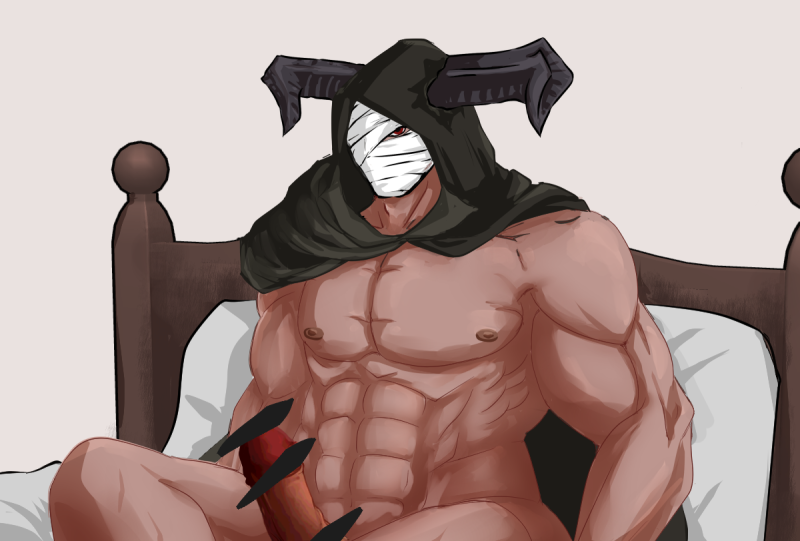 1boy abs bandaged_head bara big_muscles big_pecs big_penis censored daddy dilf draph draph_race_(granblue_fantasy) erection gay granblue_fantasy hood horned_humanoid horns humanoid hunk male male_only masked_only muscular muscular_humanoid muscular_male navel nipples nude o_g_pix pecs penis red_eyes solo vaseraga