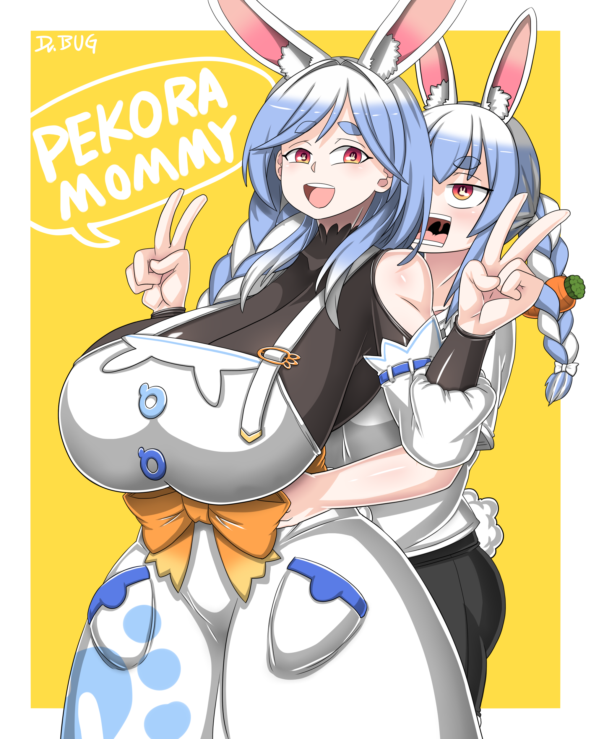 2girls, animal ears, breasts, bunny ears, clothed, cotton tail, dr.bug, duo, female, hololive, hololive fantasy, hololive japan, hugging from behind, large breasts, mother and daughter, multiple females, multiple girls, pekomama, sfw, tagme, thick thighs, usada pekora, virtual youtuber