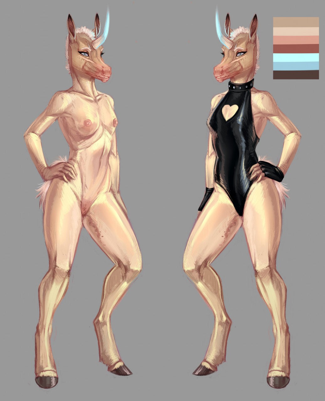 adeloo anthro armpits bodysuit breasts clothing collar equine female horn mammal model_sheet nude pussy small_breasts smile solo standing tight_clothing unicorn