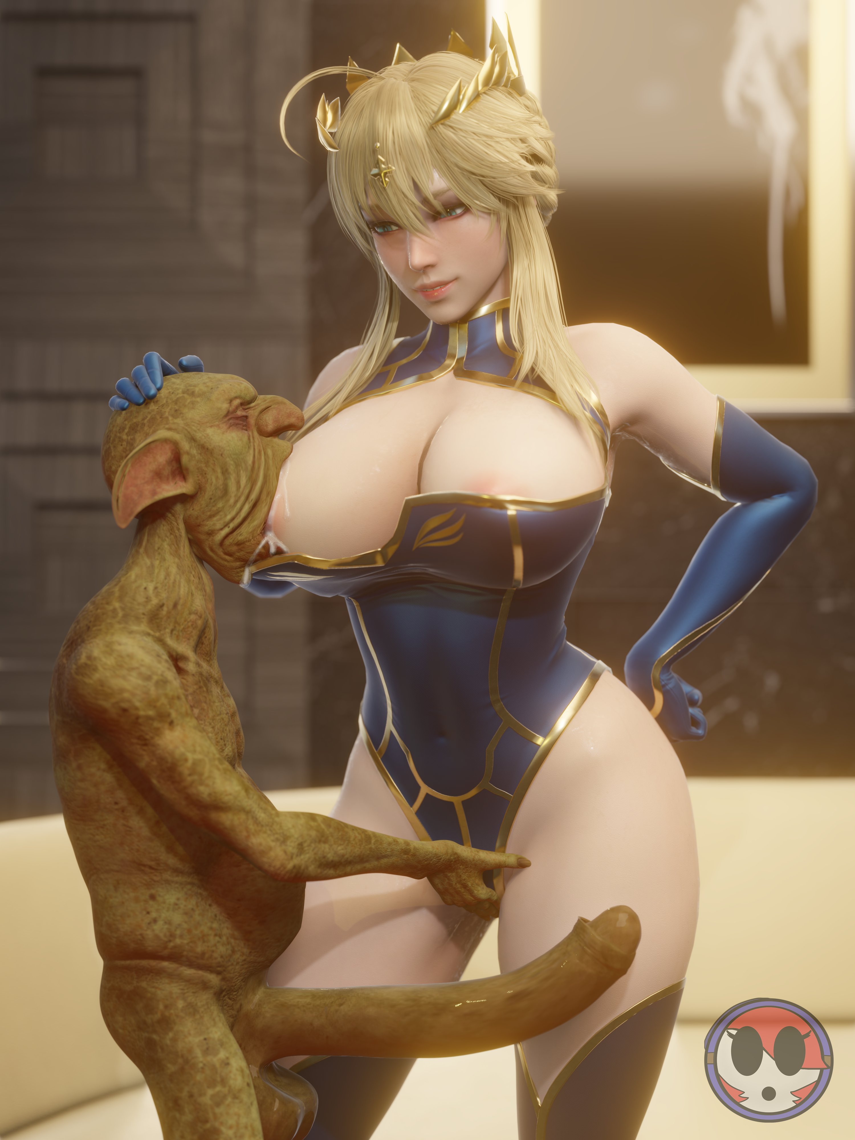 1boy, 1girls, 3d, artoria pendragon, artoria pendragon (lancer), balls, bare shoulders, big breasts, blonde hair, blue eyes, breast sucking, breastfeeding, breasts, cleavage, crown, elbow gloves, fate (series), fate/grand order, female, fingering, goblin, goblin male, green skin, green-skinned male, height difference, interspecies, lactation, large breasts, larger female, leotard, light skin, light-skinned female, long penis, male, monster, monster cock, nsmonitafw, one breast out, penis, pussy, pussy juice, ryanreos, saliva, short hair, sidelocks, size difference, smaller male, type-moon, ugly bastard