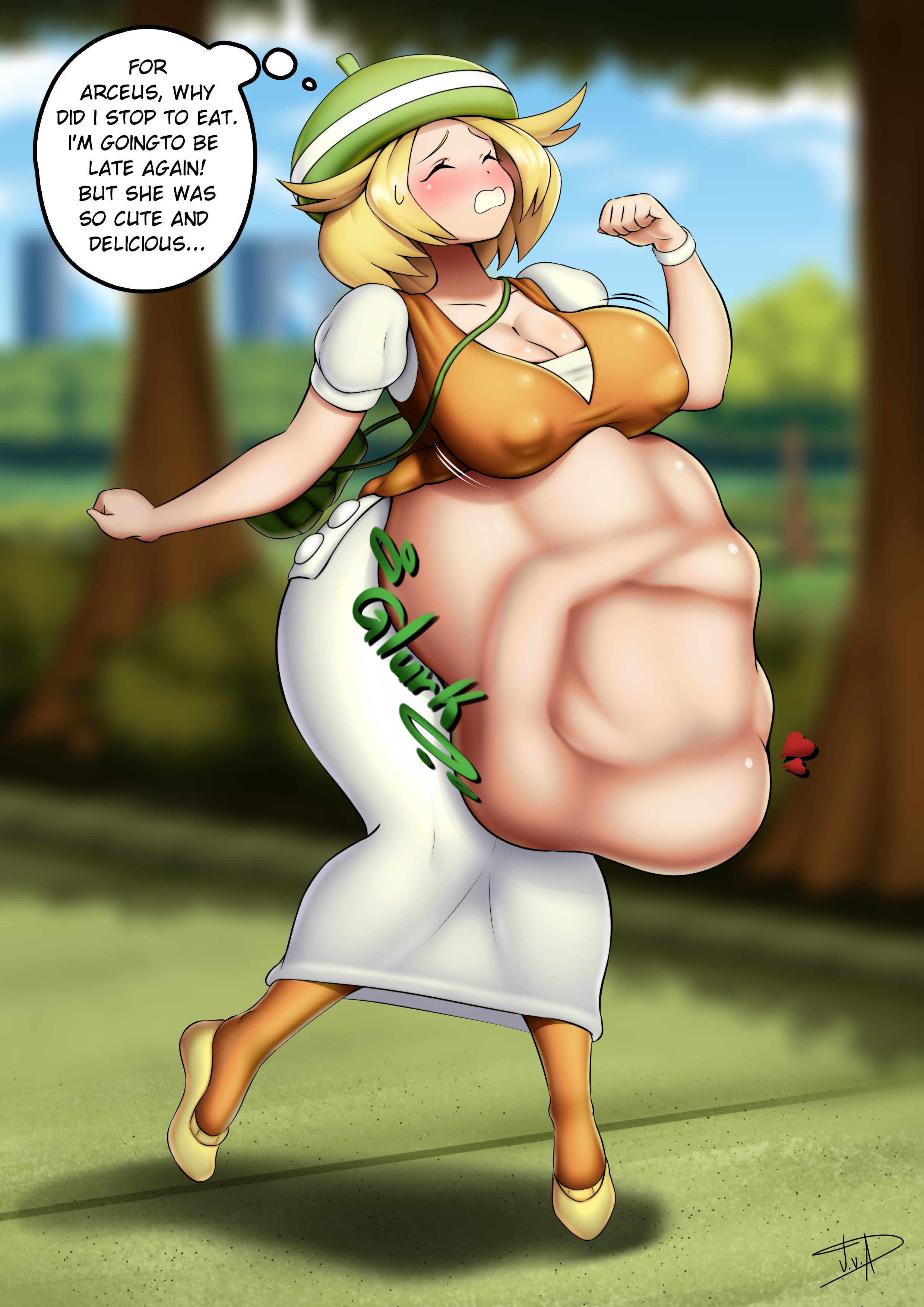 belly bulge, bianca (pokemon), big belly, big breasts, blonde hair, blush, body outline, detailed bulge, female pred, female prey, human pred, justvoringaround, oral vore, pokegirl, pokemon, running, same size, same size vore, short hair, vore, willing prey