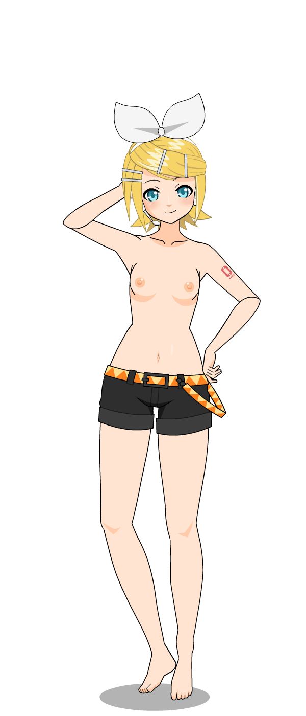 barefoot blonde_hair breasts feet female kagamine_rin kisekae looking_at_viewer navel nipples shirtless shorts small_breasts smile solo spnati toes topless transparent_background vocaloid