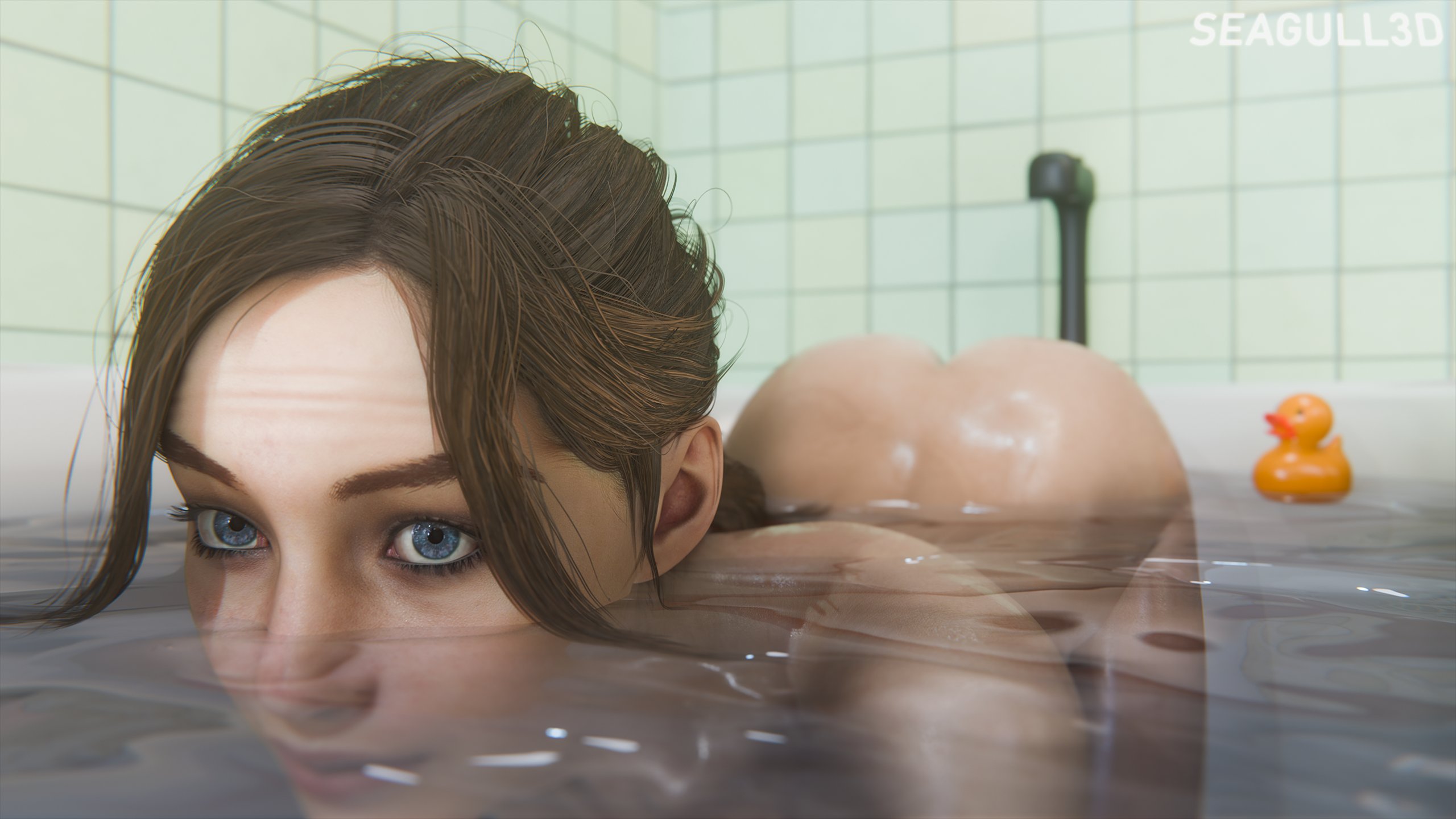3d, ass, athletic, athletic female, bath, bathroom, blue eyes, brown hair, bubble ass, bubble butt, capcom, claire redfield, claire redfield (jordan mcewen), female, female focus, female only, long hair, nude, nude female, nudity, on all fours, ponytail, realistic, resident evil, resident evil 2, resident evil 2 remake, seagull3d, solo, tagme, water, wet, wet body, wet skin, wide hips