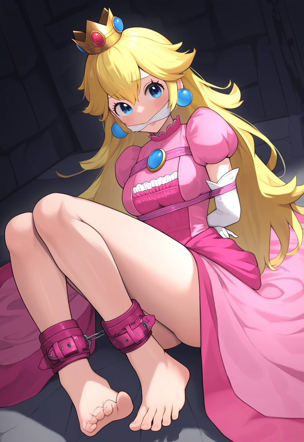 ai generated, arms tied behind back, blackjackmacbastard, blonde hair, blue eyes, blush, bondage, bound ankles, cleave gag, crown, female, gag, gagged, looking at viewer, mario (series), princess peach
