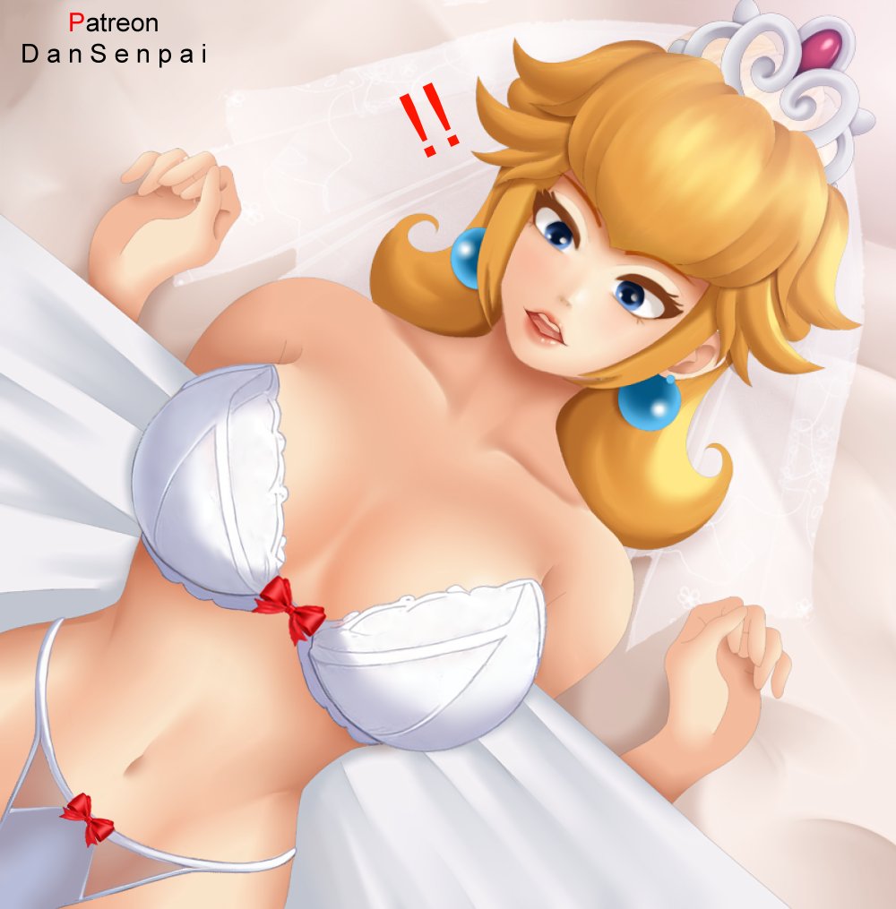 !! 1girls blonde_hair blue_eyes bow bow_bra bow_lingerie bow_panties breasts cleavage earrings female female_only lingerie mario_(series) navel nidavellirstudios open_mouth princess_peach solo solo_female solo_focus super_mario_odyssey wedding_peach_(super_mario_odyssey)