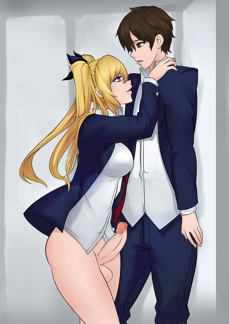 1boy, 1futa, 2d, balls, big penis, blonde futa, blonde hair, blonde-haired futa, blue eyes, brown eyes, brown hair, brown-haired male, censored, dickgirl, digital drawing (artwork), digital media (artwork), erection, futa with male, futanari, height difference, intersex, knightgawain, large penis, light skin, light-skinned futa, light-skinned male, male, penis, school uniform, standing, testicles, tied hair, twintails