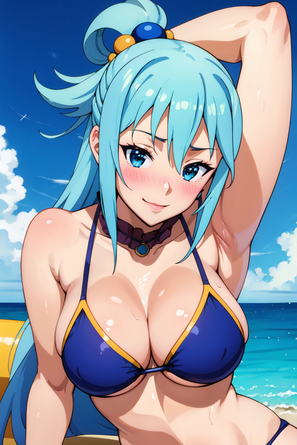 1girls ai_generated aqua_(konosuba) arm_up armpits bikini bikini_top blue_bikini blue_eyes blue_hair blush candy_blue_hair female female_only huge_breasts kiraaiart kono_subarashii_sekai_ni_shukufuku_wo! light_blue_hair nipples outdoors portrait smile upper_body