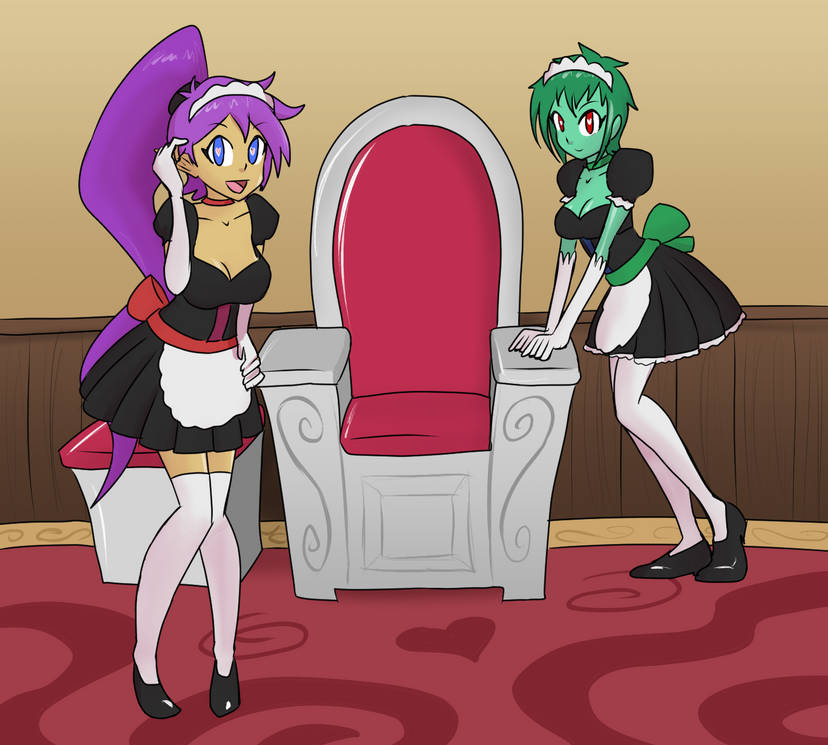 2girls apron blue_eyes breasts chair choker female female_only gloves green_hair hand_on_hip heart-shaped_pupils hypnosis large_breasts looking_at_viewer maid maid_apron maid_headdress maid_uniform mind_control multiple_girls mythkaz ponytail purple_hair red_eyes rottytops shantae shantae_(character) shoes short_hair thighhighs