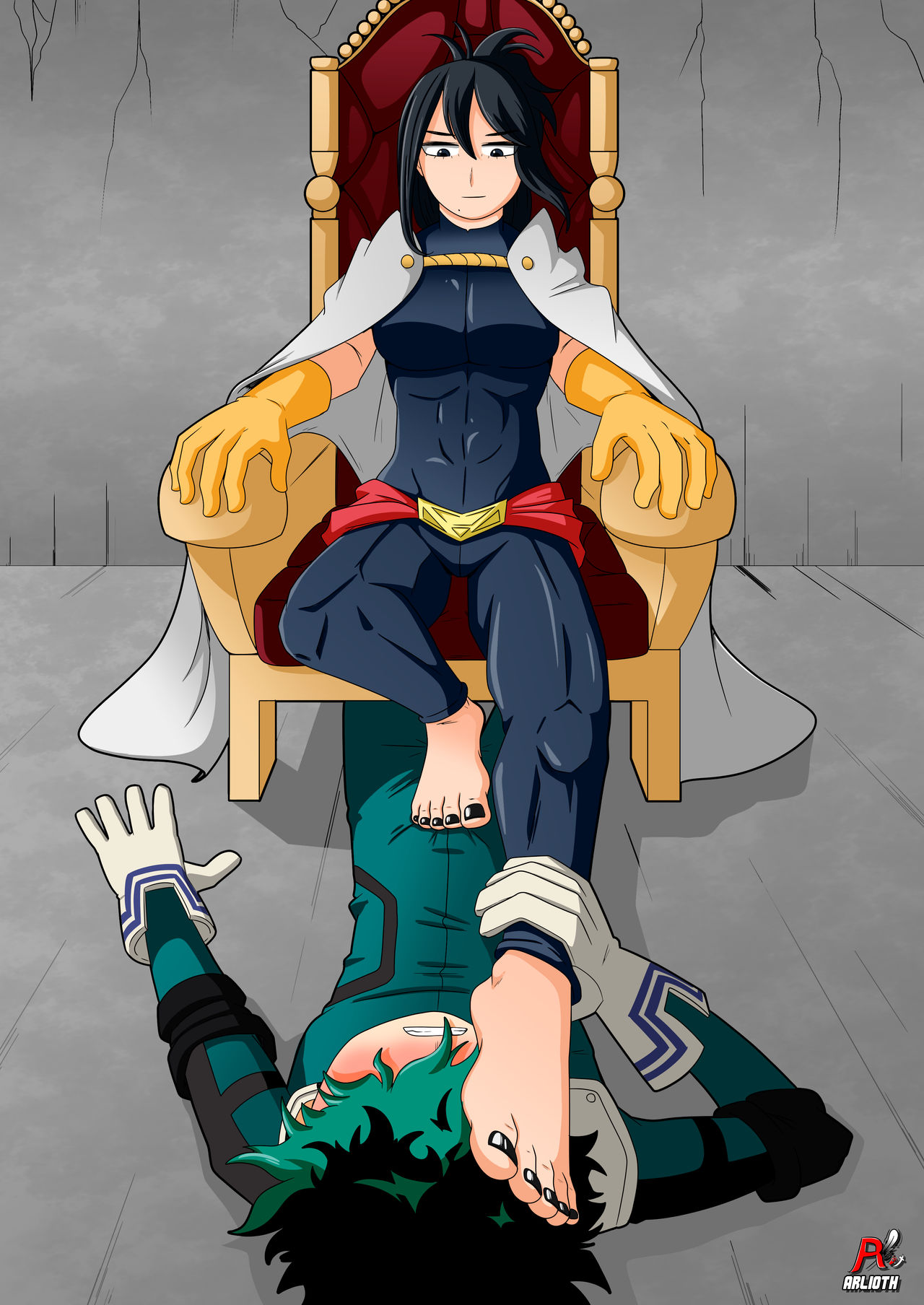 1boy 1girls abs arlioth barefoot denki_anma dominant_female foot_domination foot_fetish foot_on_face footjob footjob_over_clothes holding_leg izuku_midoriya midoriya_izuku milf my_hero_academia nail_polish nana_shimura older_female older_woman_and_younger_boy on_back sitting_on_chair stepped_on stepping_on_penis submissive_male training trample trampling younger_male